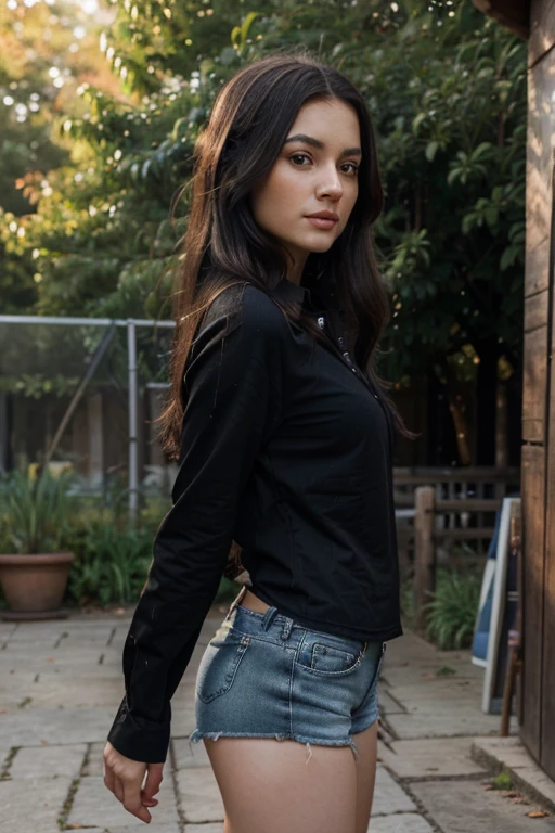 1girl, Solo, One woman of about 25 years old, black long hair, Close-up portrait, Hazel eyes, Bewitching look, Inviting look,black shirt, denim shorts, standing outside, in the zoo photography, mature woman, body measurement 36-25-35, RAW Photography, 8k, , Masterpiece, Full Body Shooting, Top Quality, Fine Pore, Realistic, Photorealistic, Ultra Detailed