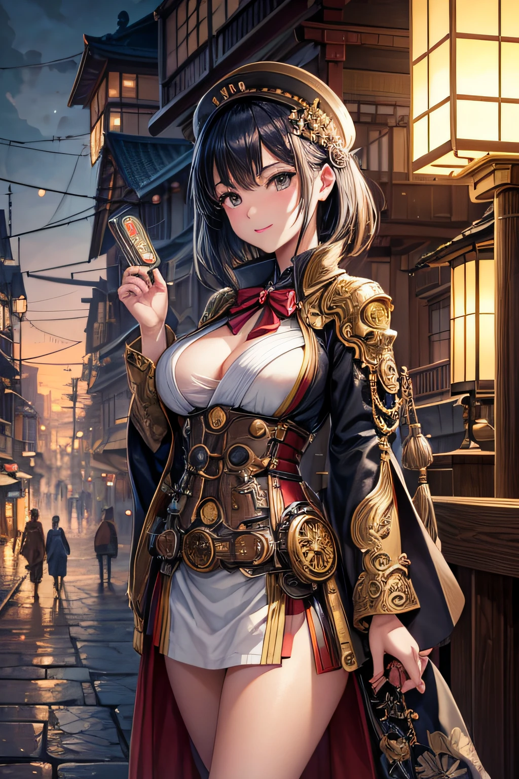 steam locomotive、On the roof、Beauty、(Beautiful woman standing on the roof of a locomotive), steampunk, combat, super busty