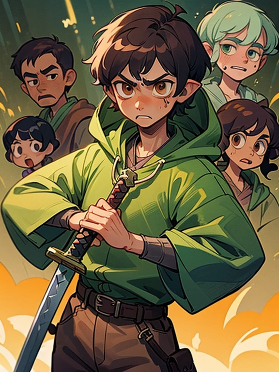 25 years, the hobbit, 1boy, grown up, 独奏, Short Hair Hair, pixie cut, green raincoat, (a hood on his head), Coiling hair, light skin, medieval, adventurer, dnd, Fantasy, chocolate hair, dark green cloak, brown eye, anger, scar on the cheek, Sword on the belt, Dark colors, brown pants, leather armour