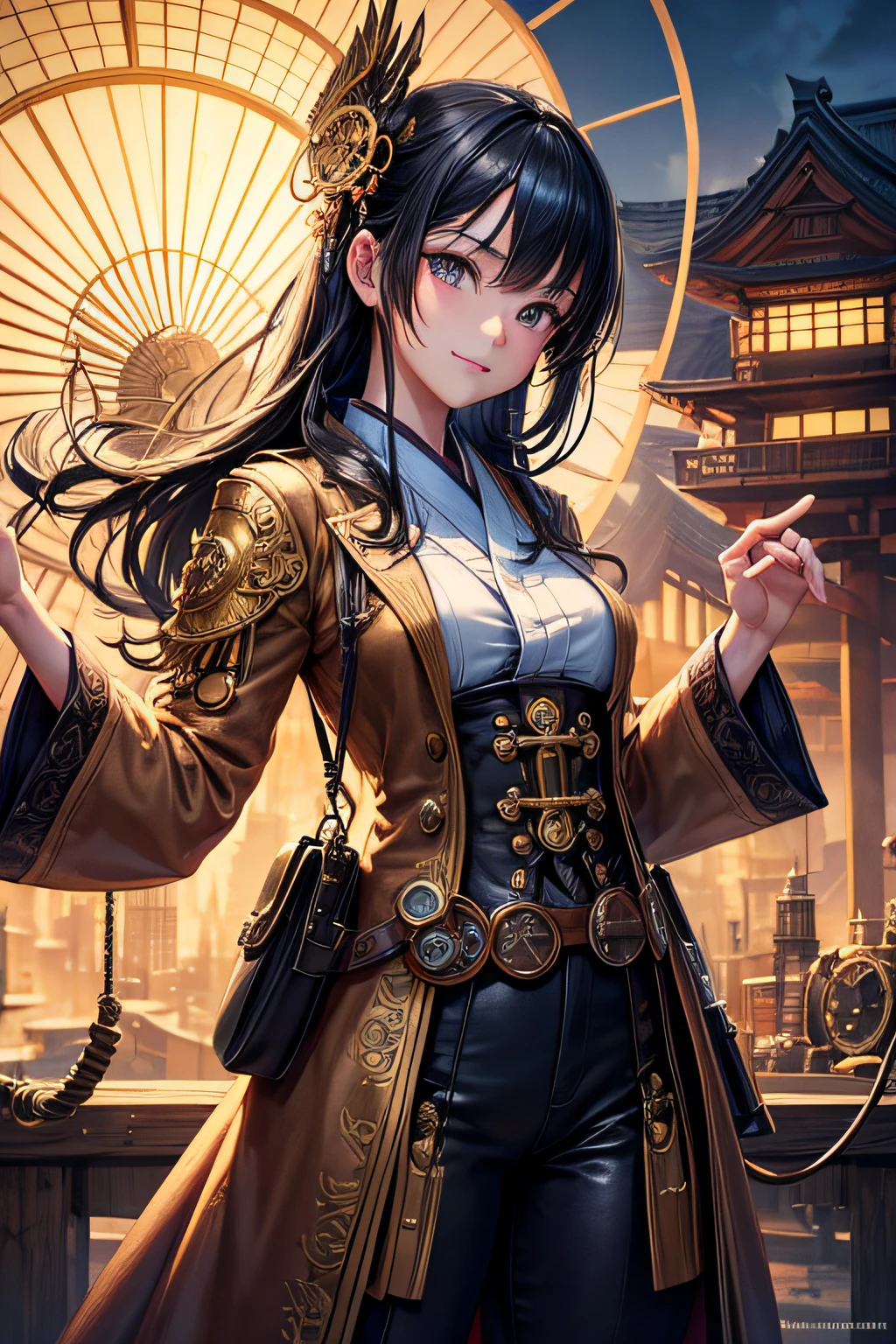 Create an illustration depicting a little japanese girl overlooking a steampunk cityscape. She has raven black hair. Her clothes are japanese style. The girl should be standing in a vantage point, Rooftops, bridges, etc., Look down on the intricately designed japanese steampunk city below. The cityscape should be meticulous and detailed, Showcase the intricacies of gears, pipes, And glamorous architecture. Her expression was、It should be one of the surprises and curiosities when observing a bustling city full of mechanical wonders, blimp, And glamorous architecture. Surround the scene with a warm atmosphere, Golden light to enhance the atmosphere, Emphasize brass and copper tones of steampunk elements. Capturing the adventurous spirit and charm in the eyes of a girl, Reflecting the charm of the fantastic japanese style steampunk world around her. The whole illustration should have a nostalgic vibe, Girl smiles. highly detailed, vibrant appearance, creative behavior, extremly detailed, imaginative, sensual, spontaneous, highest quality, skin texture, intricate details, (cinematic lighting), RAW photo, 8k, masterpiece,best quality,ultra-detailed,very detailed illustrations,extremely detailed,intricate details,highres,super complex details,extremely detailed 8k cg wallpaper,