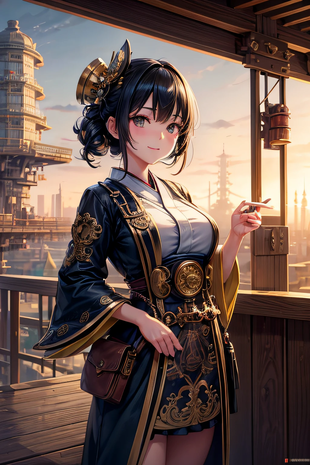 Create an illustration depicting a  japanese girl overlooking a steampunk cityscape. She has raven black hair. Her clothes are japanese style. The girl should be standing in a vantage point, Rooftops, bridges, etc., Look down on the intricately designed japanese steampunk city below. The cityscape should be meticulous and detailed, Showcase the intricacies of gears, pipes, And glamorous architecture. Her expression was、It should be one of the surprises and curiosities when observing a bustling city full of mechanical wonders, blimp, And glamorous architecture. Surround the scene with a warm atmosphere, Golden light to enhance the atmosphere, Emphasize brass and copper tones of steampunk elements. Capturing the adventurous spirit and charm in the eyes of a girl, Reflecting the charm of the fantastic japanese style steampunk world around her. The whole illustration should have a nostalgic vibe, Girl smiles. highly detailed, vibrant appearance, creative behavior, extremly detailed, imaginative, sensual, spontaneous, highest quality, skin texture, intricate details, (cinematic lighting), RAW photo, 8k, masterpiece,best quality,ultra-detailed,very detailed illustrations,extremely detailed,intricate details,highres,super complex details,extremely detailed 8k cg wallpaper,