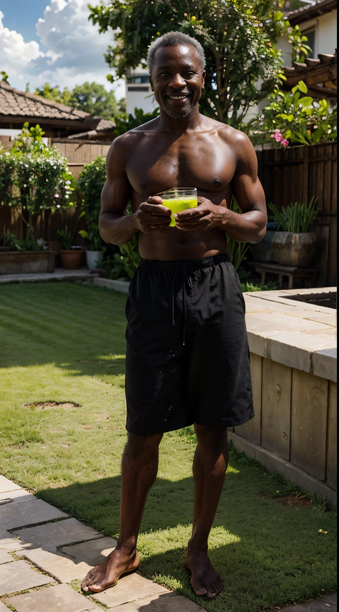 Old black man, smiling, drinking green herbal drink in glass, standing in garden, other hand thumbs up, sunlight and clouds