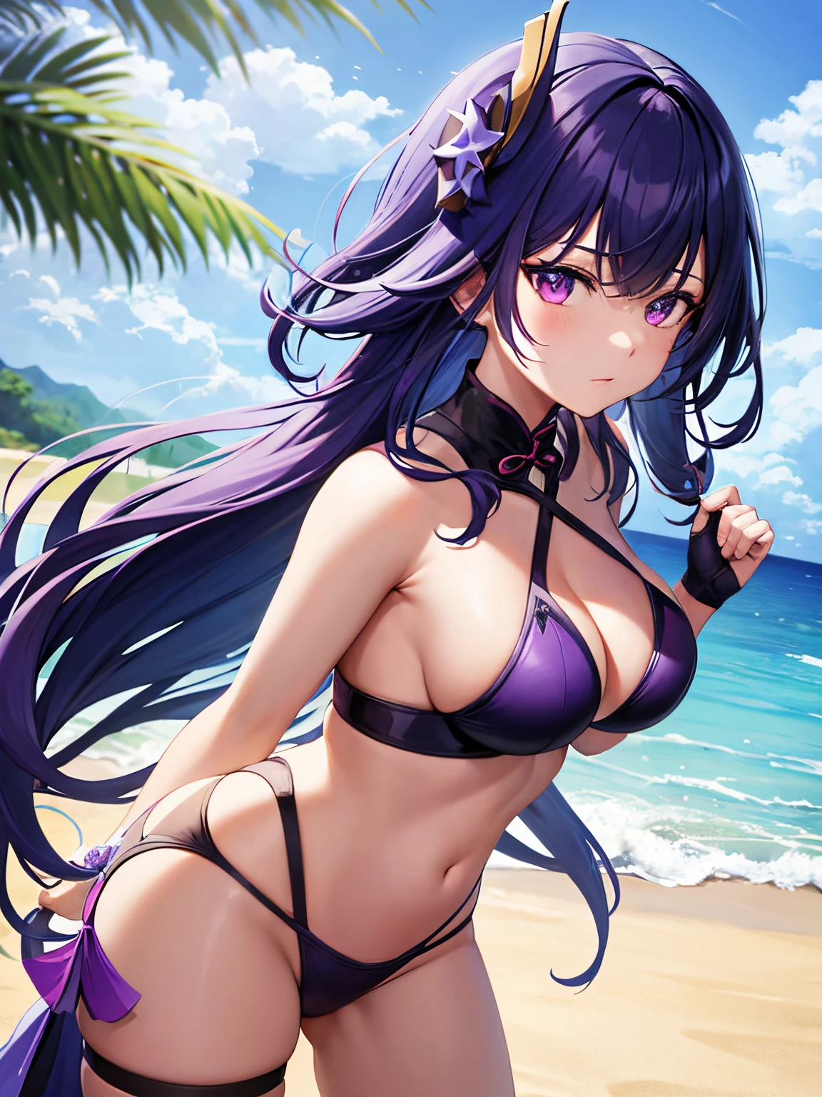 raiden shogun from genshin impact ,complete with accessories, wearing bikini on the beach, dark purple color with gradations,