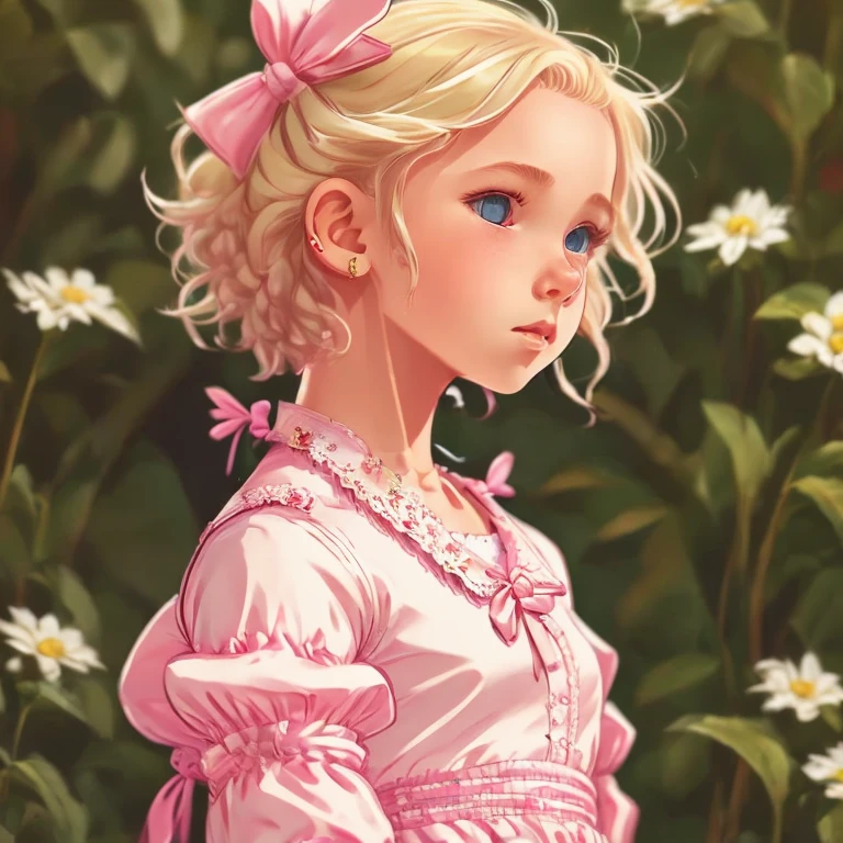 A girl with blonde curly short hair and a pink dress with sleeves in her neck a small white bow and has a little red bow on her hair has white leggings and black Mary Jane shoes and blue eyes.