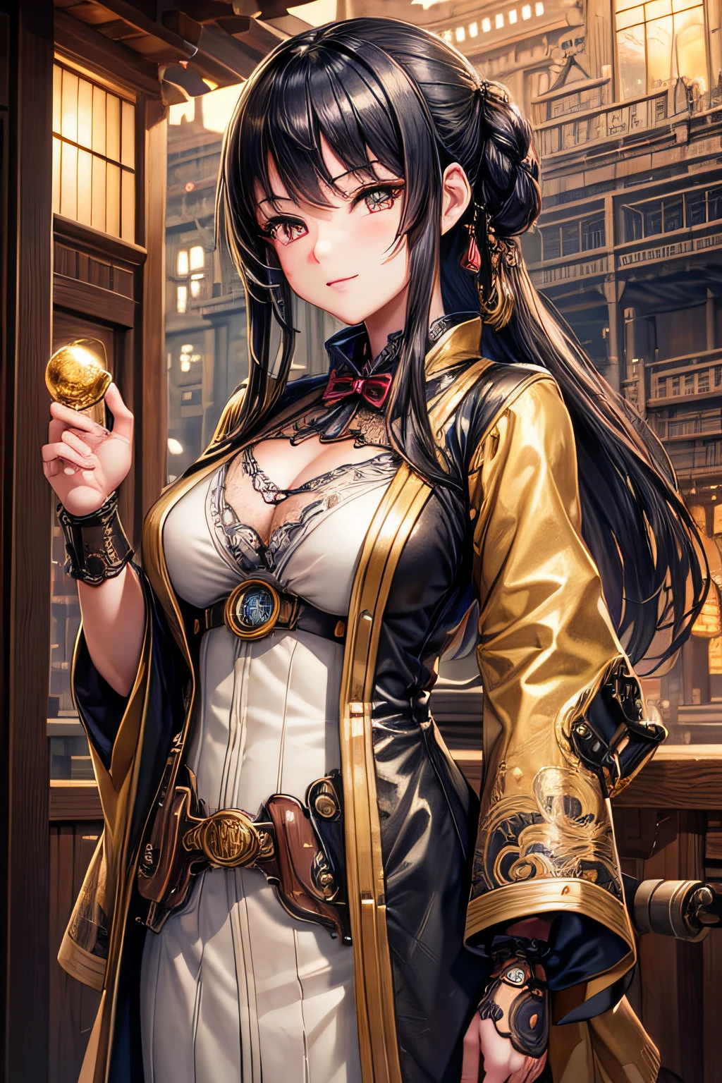 Create an illustration depicting a little japanese girl overlooking a steampunk cityscape. She has raven black hair. Her clothes are japanese style. The girl should be standing in a vantage point, Rooftops, bridges, etc., Look down on the intricately designed japanese steampunk city below. The cityscape should be meticulous and detailed, Showcase the intricacies of gears, pipes, And glamorous architecture. Her expression was、It should be one of the surprises and curiosities when observing a bustling city full of mechanical wonders, blimp, And glamorous architecture. Surround the scene with a warm atmosphere, Golden light to enhance the atmosphere, Emphasize brass and copper tones of steampunk elements. Capturing the adventurous spirit and charm in the eyes of a girl, Reflecting the charm of the fantastic japanese style steampunk world around her. The whole illustration should have a nostalgic vibe, Girl smiles. highly detailed, vibrant appearance, creative behavior, extremly detailed, imaginative, sensual, spontaneous, highest quality, skin texture, intricate details, (cinematic lighting), RAW photo, 8k, masterpiece,best quality,ultra-detailed,very detailed illustrations,extremely detailed,intricate details,highres,super complex details,extremely detailed 8k cg wallpaper,