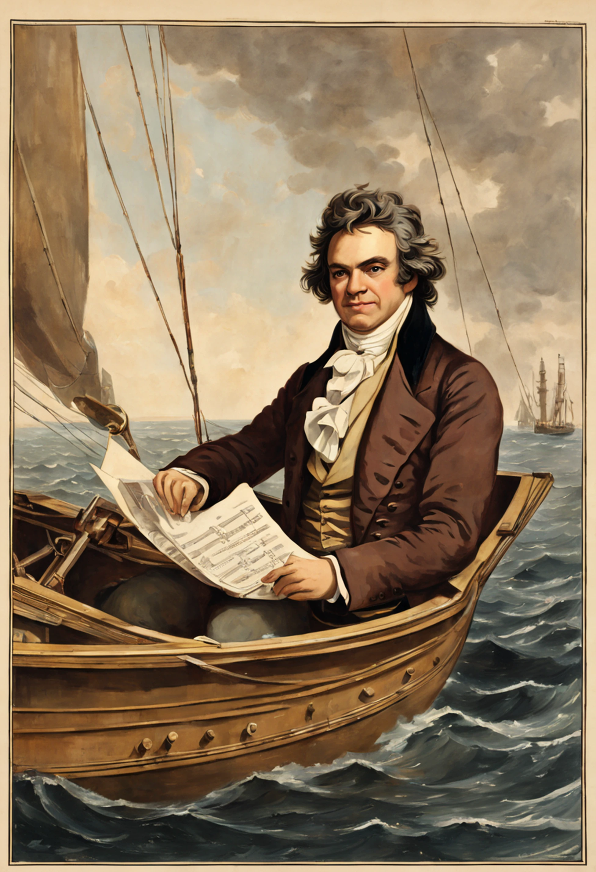 Happy birthday Ludwig van Beethoven. He is sitting happily smiling while holding sheet music in the cockpit of a finely appointed sailboat