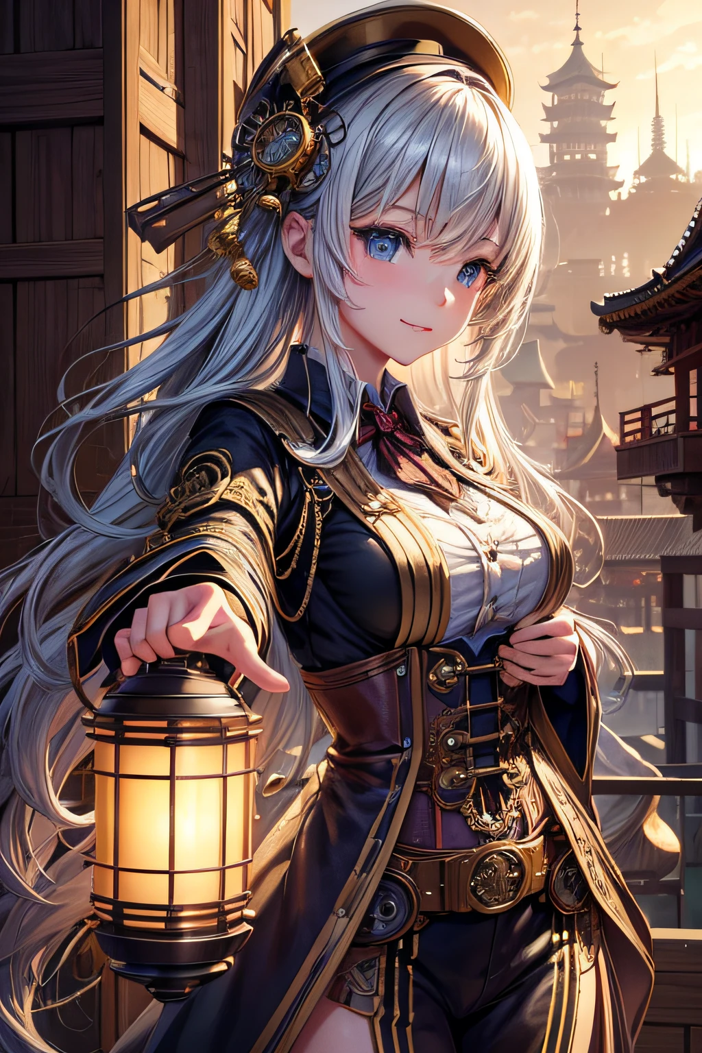 Create an illustration depicting a japanese girl overlooking a steampunk cityscape. She has silver hair. Her clothes are japanese style. The girl should be standing in a vantage point, Rooftops, bridges, etc., Look down on the intricately designed japanese steampunk city below. The cityscape should be meticulous and detailed, Showcase the intricacies of gears, pipes, And glamorous architecture. Her expression was、It should be one of the surprises and curiosities when observing a bustling city full of mechanical wonders, blimp, And glamorous architecture. Surround the scene with a warm atmosphere, Golden light to enhance the atmosphere, Emphasize brass and copper tones of steampunk elements. Capturing the adventurous spirit and charm in the eyes of a girl, Reflecting the charm of the fantastic japanese style steampunk world around her. The whole illustration should have a nostalgic vibe, Girl smiles. highly detailed, vibrant appearance, creative behavior, extremly detailed, imaginative, sensual, spontaneous, highest quality, skin texture, intricate details, (cinematic lighting), RAW photo, 8k, masterpiece,best quality,ultra-detailed,very detailed illustrations,extremely detailed,intricate details,highres,super complex details,extremely detailed 8k cg wallpaper,