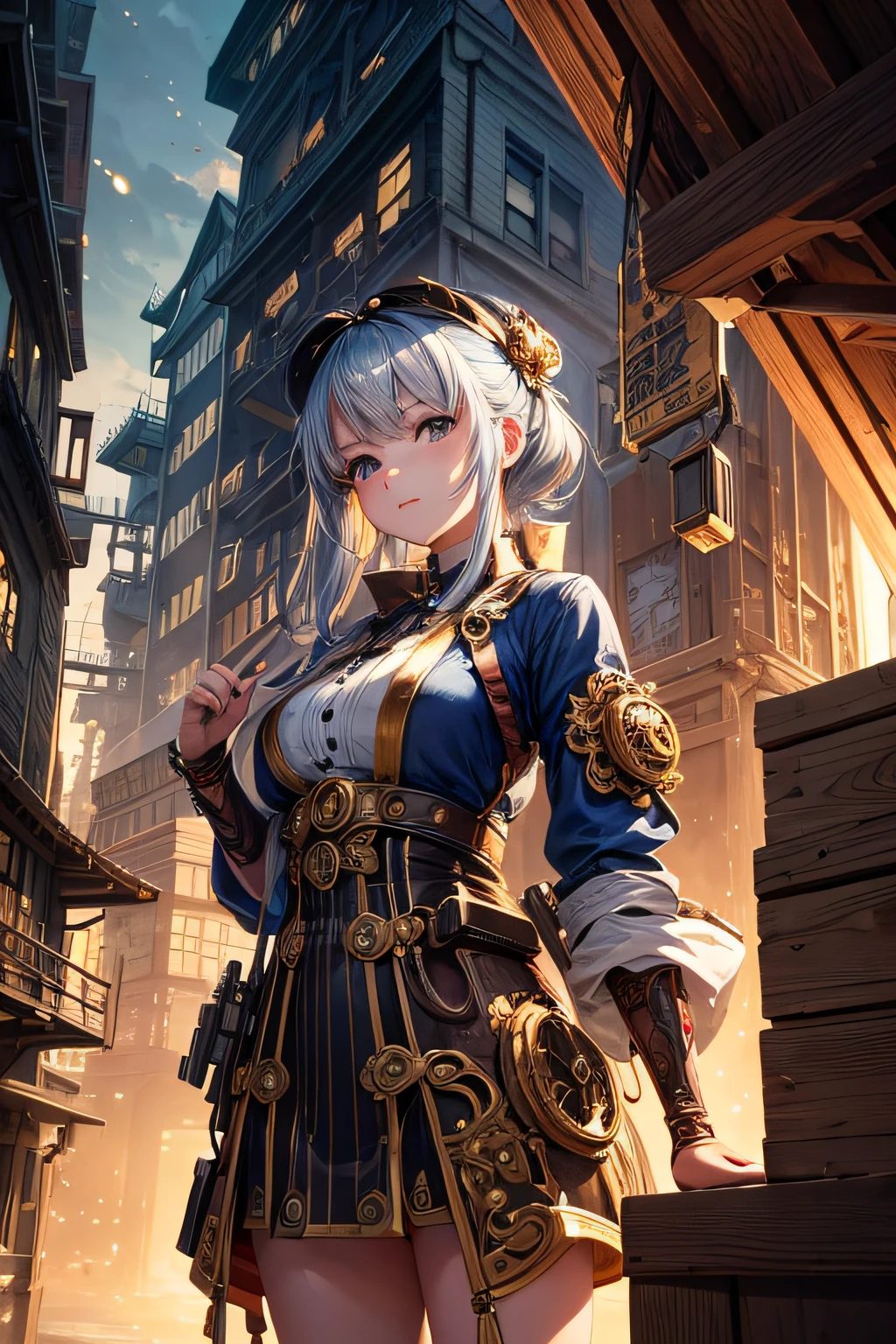 Create an illustration depicting a japanese girl overlooking a steampunk cityscape. She has silver hair. Her clothes are japanese style. The girl should be standing in a vantage point, Rooftops, bridges, etc., Look down on the intricately designed japanese steampunk city below. The cityscape should be meticulous and detailed, Showcase the intricacies of gears, pipes, And glamorous architecture. Her expression was、It should be one of the surprises and curiosities when observing a bustling city full of mechanical wonders, blimp, And glamorous architecture. Surround the scene with a warm atmosphere, Golden light to enhance the atmosphere, Emphasize brass and copper tones of steampunk elements. Capturing the adventurous spirit and charm in the eyes of a girl, Reflecting the charm of the fantastic japanese style steampunk world around her. The whole illustration should have a nostalgic vibe, Girl smiles. highly detailed, vibrant appearance, creative behavior, extremly detailed, imaginative, sensual, spontaneous, highest quality, skin texture, intricate details, (cinematic lighting), RAW photo, 8k, masterpiece,best quality,ultra-detailed,very detailed illustrations,extremely detailed,intricate details,highres,super complex details,extremely detailed 8k cg wallpaper,