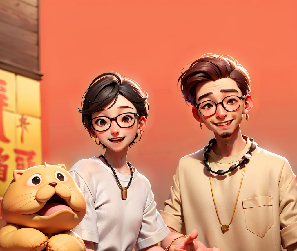 Men wear long skirts and gold necklaces all their liveoy wearing glasses and dark pink shirt，They are laughing a lot，Standing in front of China&#39;s Red Wall，