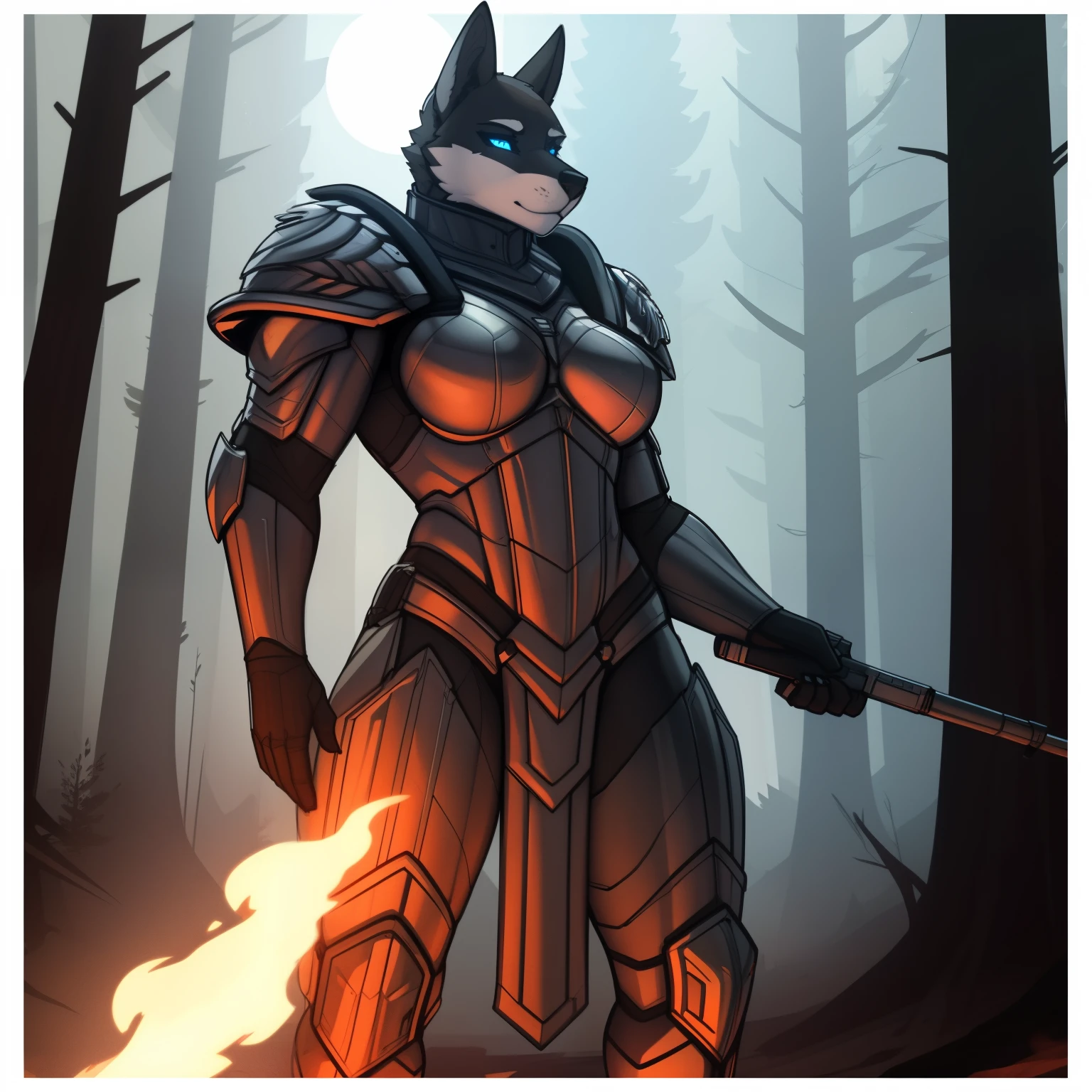 Tall_muscular_wolf female dark_gray_furry_body blue_eyes hazy_burning_forest solo Masterpiece best_quality absurdres highly_detailed cleanly_drawn_eyes anthro_only by_claweddrip, by_greasymojo, by_underscore-b, by_runawaystride silver_full_armor