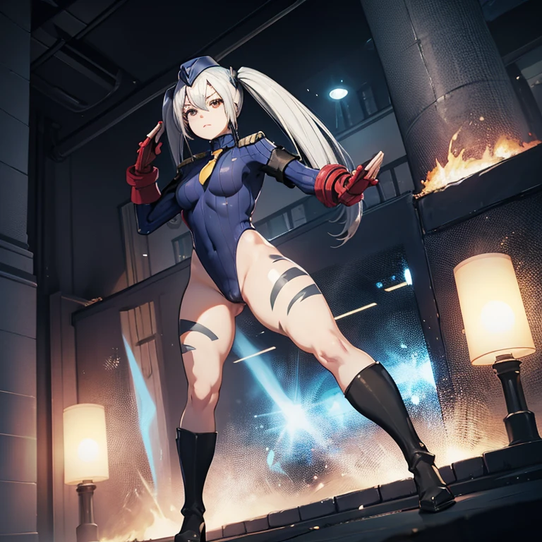 ultra-detailed, Explicit, Beautiful body, Beautiful Nose, Beautiful character design, perfect eyes, perfect face, ultra highres, 4K, beautiful legs, perfect legs, Nice hands, Perfect hand, Masterpiece, Best Quality, Highly detailed, illustration, absurdres, street fighter, doll suit, shadaloo doll, dollsuit, girls, multiple girls, expressionless, blank eyes, looking at viewer, red gloves, emotionless, black latex, corrution, mind control, female combatant, full body, hypnotized, unhappy trance, full body suit, ribbed bodysuit, both arms at side, stand up straight, obey, perfect female body, extremely glossy latex, hypnosis, hypnoLora, empty eyes, Mind control device, brainwashed, poses, submissive_pose, Slave, hat, necktie, stand up straight, standing, standing at attention, hat, necktie, belt, extending the right arm from the shoulder into the air with a straightened hand, nazi saluting, military, military saluting, salute, right hand saluting, left hand at side, latex, ribbed bodysuit, Garterbelt, white hair, golden eyes, Girls' Frontline, long hair, twin tails, destroyer