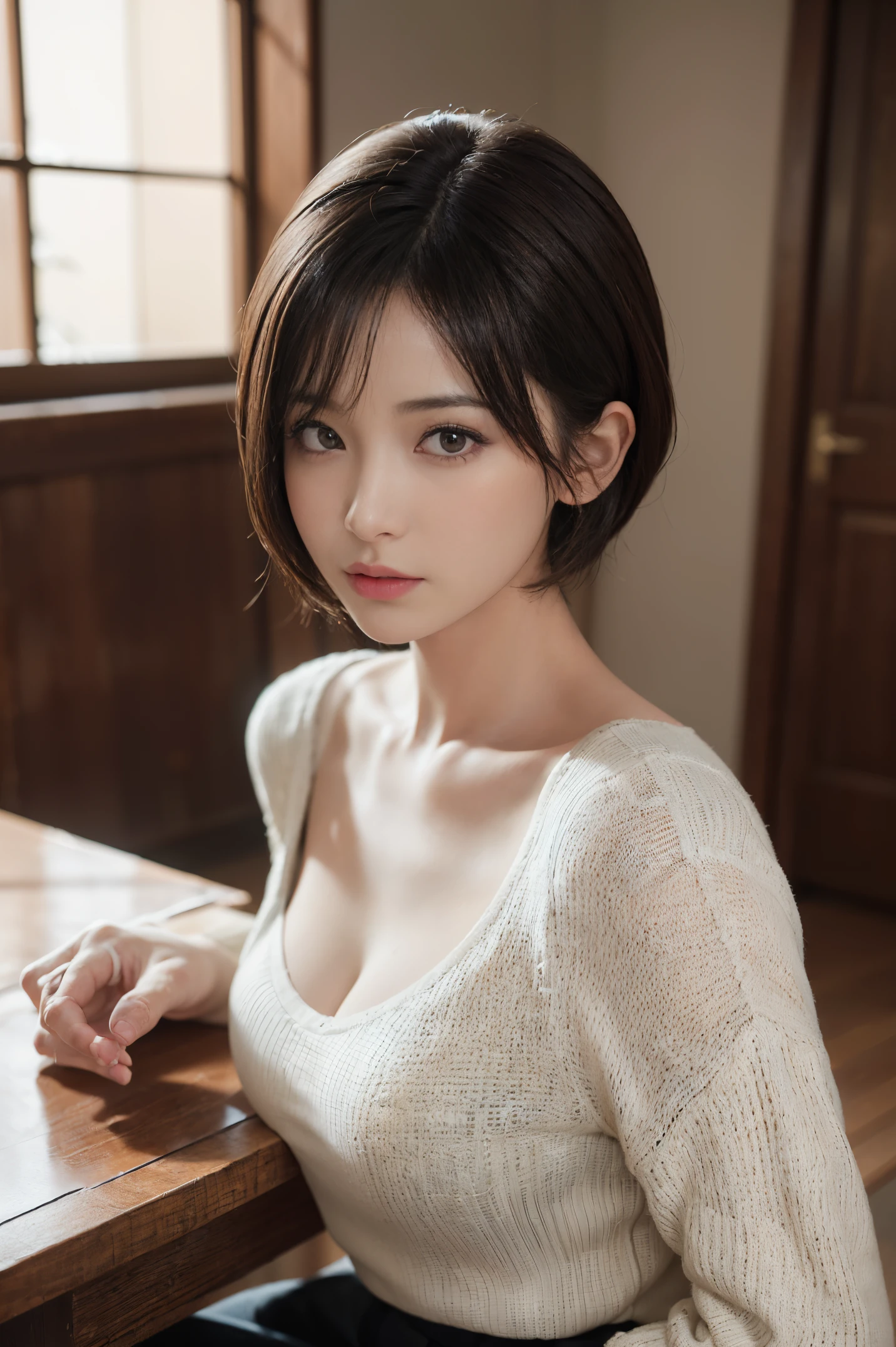 (masuter piece:1.3)、(8k、Photorealsitic、RAW Photography、top-quality: 1.4)、(1girl)、beautiful countenance、(lifelike face)、(A dark-haired、short-hair:1.3)、bangss、Beautiful hairstyle、realisticeyes、Beautiful details、（real looking skin）、Beautiful skins、（Sweaters）、absurderes、enticing、超A high resolution、A hyper-realistic、high-detail、the golden ratio