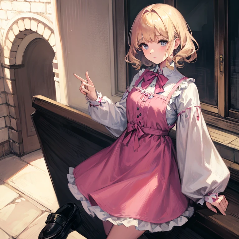 A girl with blonde curly short hair and a pink dress with sleeves in her neck a small white bow and has a little red bow on her hair has white leggings and black Mary Jane shoes and blue eyes.