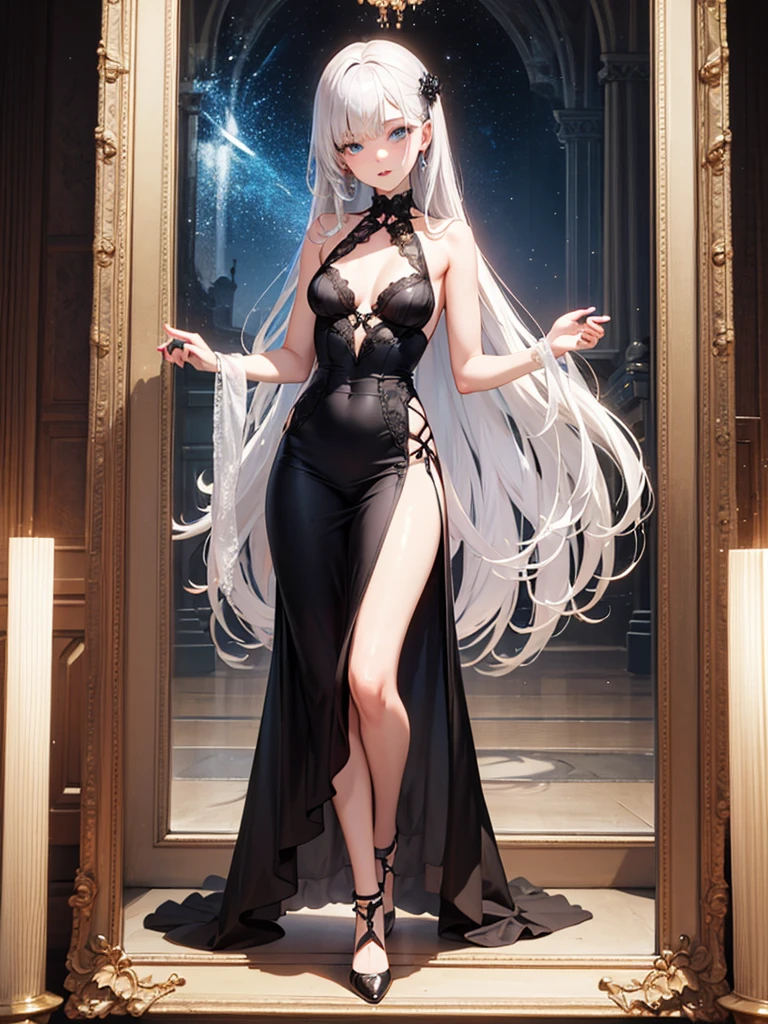 A woman wearing a luxurious black dress, exposed shoulders, large breasts, golden flowers in her hair, white hair, long hair, purple eyes, smiling, golden necklace around her neck, black heels, in a luxury room, marble floor, windows luxury glass. UHD , prime work , accurate , anatomically correct , textured skin , super details , high quality , best quality, 8k, high resolution, bokeh effect. (woman alone)