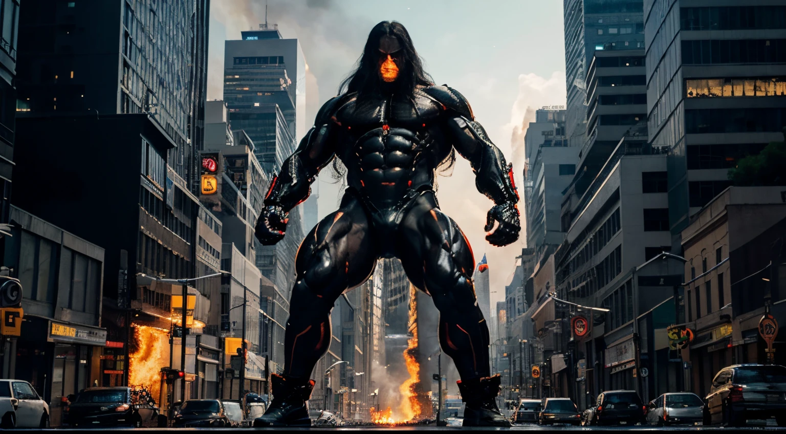 REALISTIC PHOTO OF A CITY IN FIRE, MAN WITH ALIEN BODY, LONG BLACK HAIR, HANDS WITH TIGER CLAWS STRONG MUSCULOUS BODY, BIG BODY, FULL BODY, CYBER CLOTHES, FUTURISTIC WEAPONS, LOOKING FORWARD