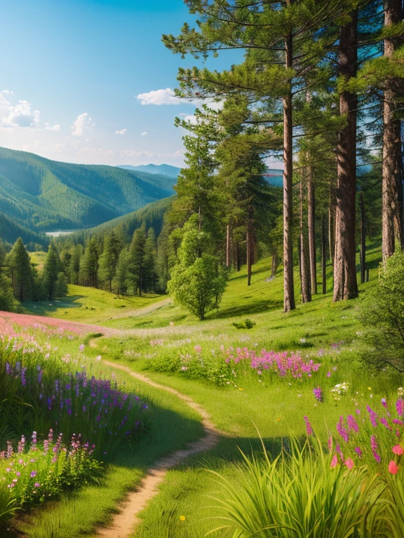 A mountain landscape with a sunny summer ; sunny weather ; woods ; photo 4k ; ultra-realistic