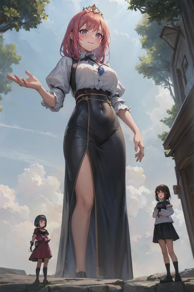 (height_difference:1.2), (size_difference:1.1), (3girls:1.4), a giantess and a minigirl standing next to each other, simple background, (giantess:1.1), minigirl, (princess:1.1), (adult women: 1.2), (fantasy castle town: 1.1), (rear_end), cameltoe, navel