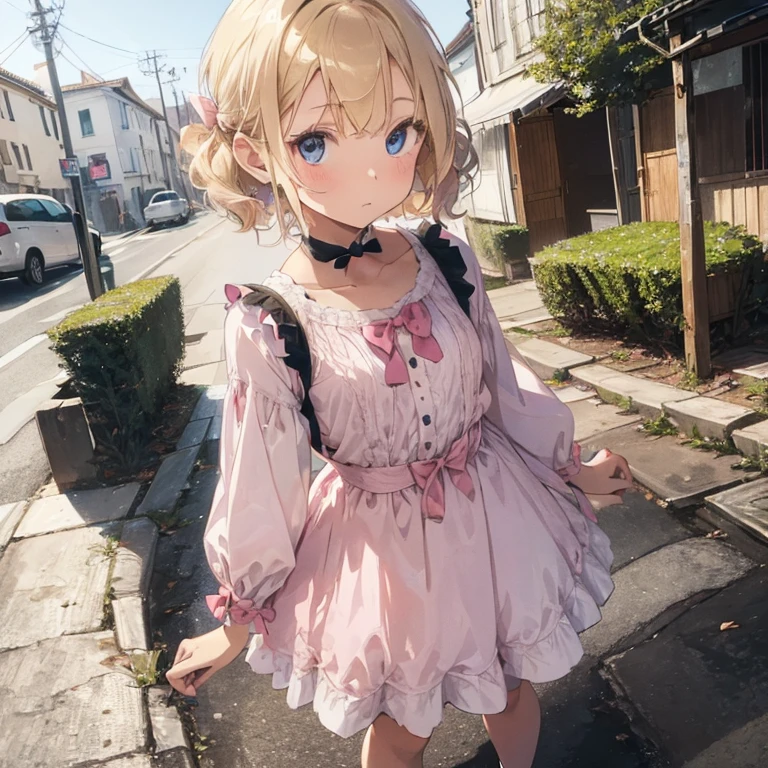 A girl with blonde curly short hair and a pink dress with sleeves in her neck a small white bow and has a little red bow on her hair has white leggings and black Mary Jane shoes and blue eyes.