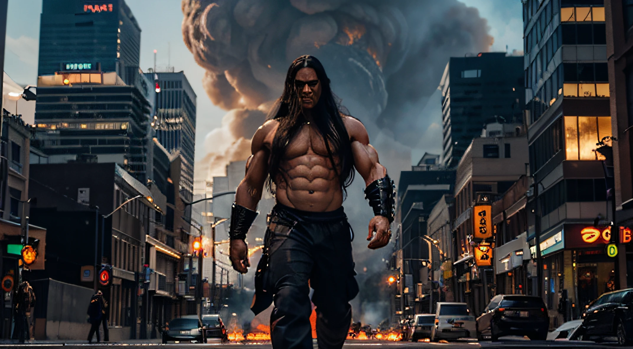 REALISTIC PHOTO OF A CITY ON FIRE, MAN WITH ALIEN BODY, cabelos pretos longos, HANDS WITH TIGER CLAWS STRONG MUSCULOUS BODY, corpo grande, corpo inteiro, cyber-clothes, armas futuristas, Ansioso