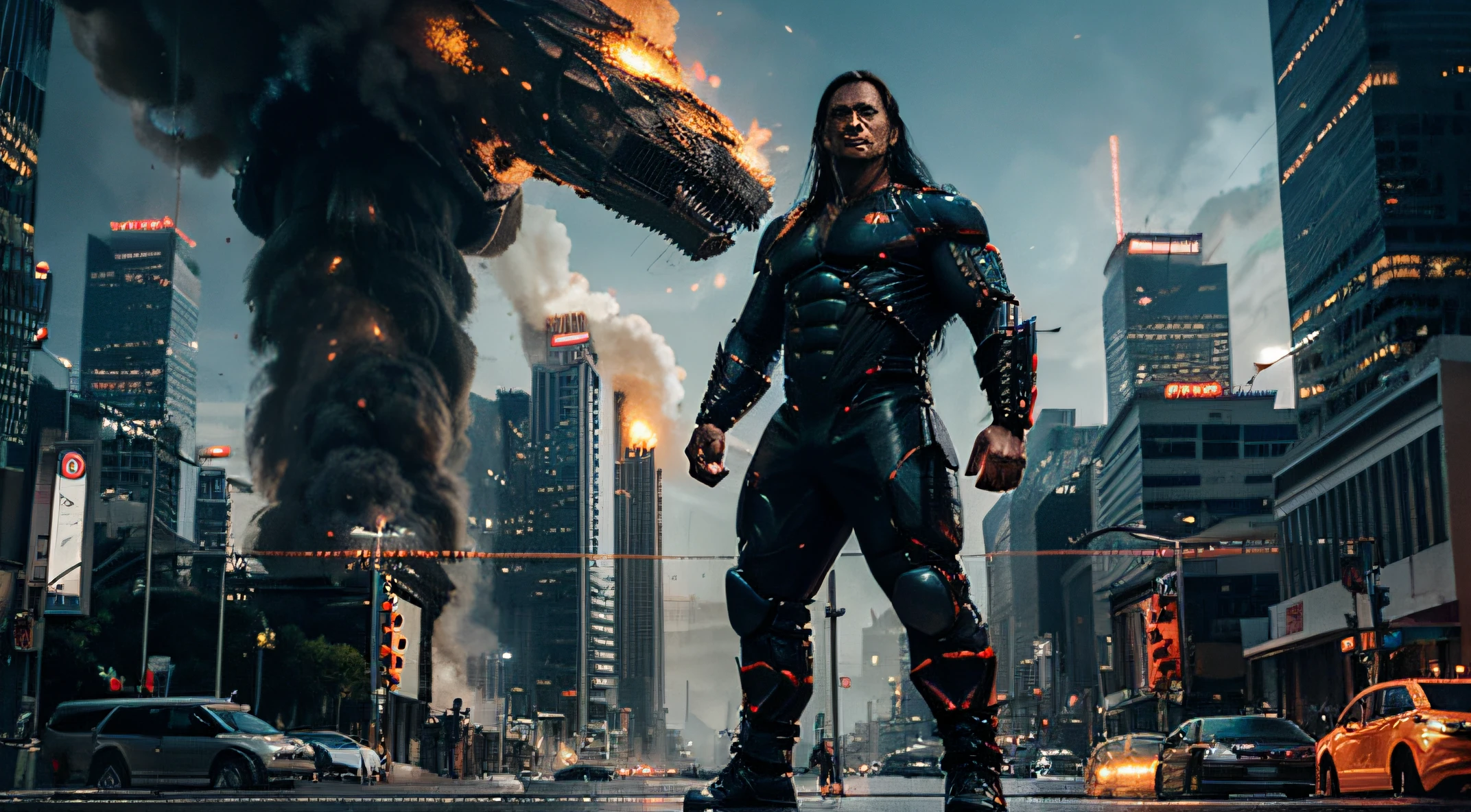 REALISTIC PHOTO OF A CITY ON FIRE, MAN WITH ALIEN BODY, cabelos pretos longos, HANDS WITH TIGER CLAWS STRONG MUSCULOUS BODY, corpo grande, corpo inteiro, cyber-clothes, armas futuristas, Ansioso