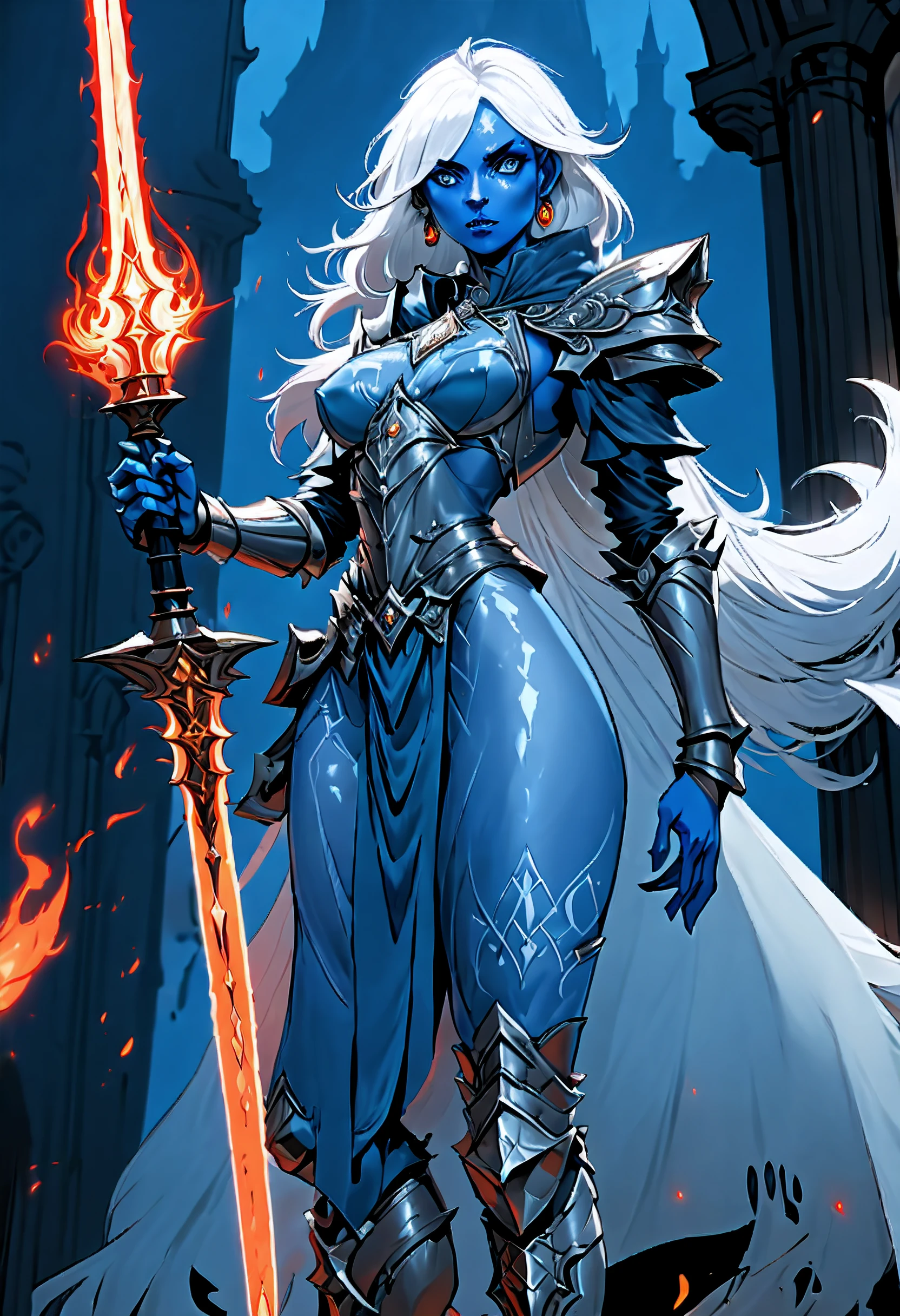 fantasy art, dnd art, RPG art, drkfntasy wide shot, (masterpiece: 1.4) facial portrait, intense details, highly detailed, photorealistic, best quality, highres, glowing particle portrait a vedalken female (fantasy art, Masterpiece, best quality: 1.3) (blue skin: 1.5), intense details facial details, exquisite beauty, (fantasy art, Masterpiece, best quality)cleric, divine warrior, messenger of god(blue colored skin: 1.5) blue skinned female, (white hair: 1.3), long hair, intense green eye, fantasy art, Masterpiece, best quality) armed a fiery rapier,  red fire, wearing heavy (white: 1.3) half plate mail armor CM-Beautiful_armor wearing high heeled laced boots, wearing an(orange :1.3) cloak, wearing glowing holy symbol GLOWING EARRINGS, within fantasy temple background, reflection light, high details, best quality, 16k, [ultra detailed], masterpiece, best quality, (extremely detailed), close up, ultra wide shot, photorealistic, RAW, fantasy art, dnd art, fantasy art, realistic art,