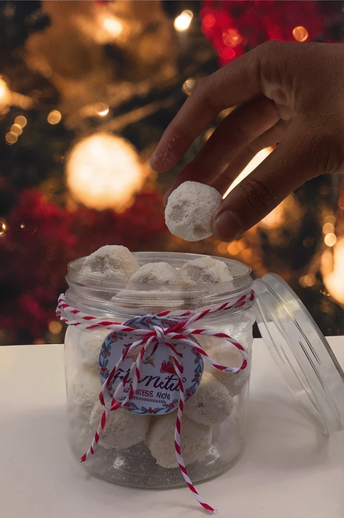 someone is putting a white brigadeiro with milk in the back, em uma jarra com um barbante, foto do produto em close-up, delicioso, festivo, aconchegante, fotografia do produto, feriado, foto do produto em miniatura, com pedras preciosas cintilantes no topo, sonhador, Lush, renderizado, Sinos, Directed by: Relja Penezic, Directed by: Emma Andijewska, Marshmallows, 🤬 🤮 💕 🎀, Fotografia do Produto 4K
