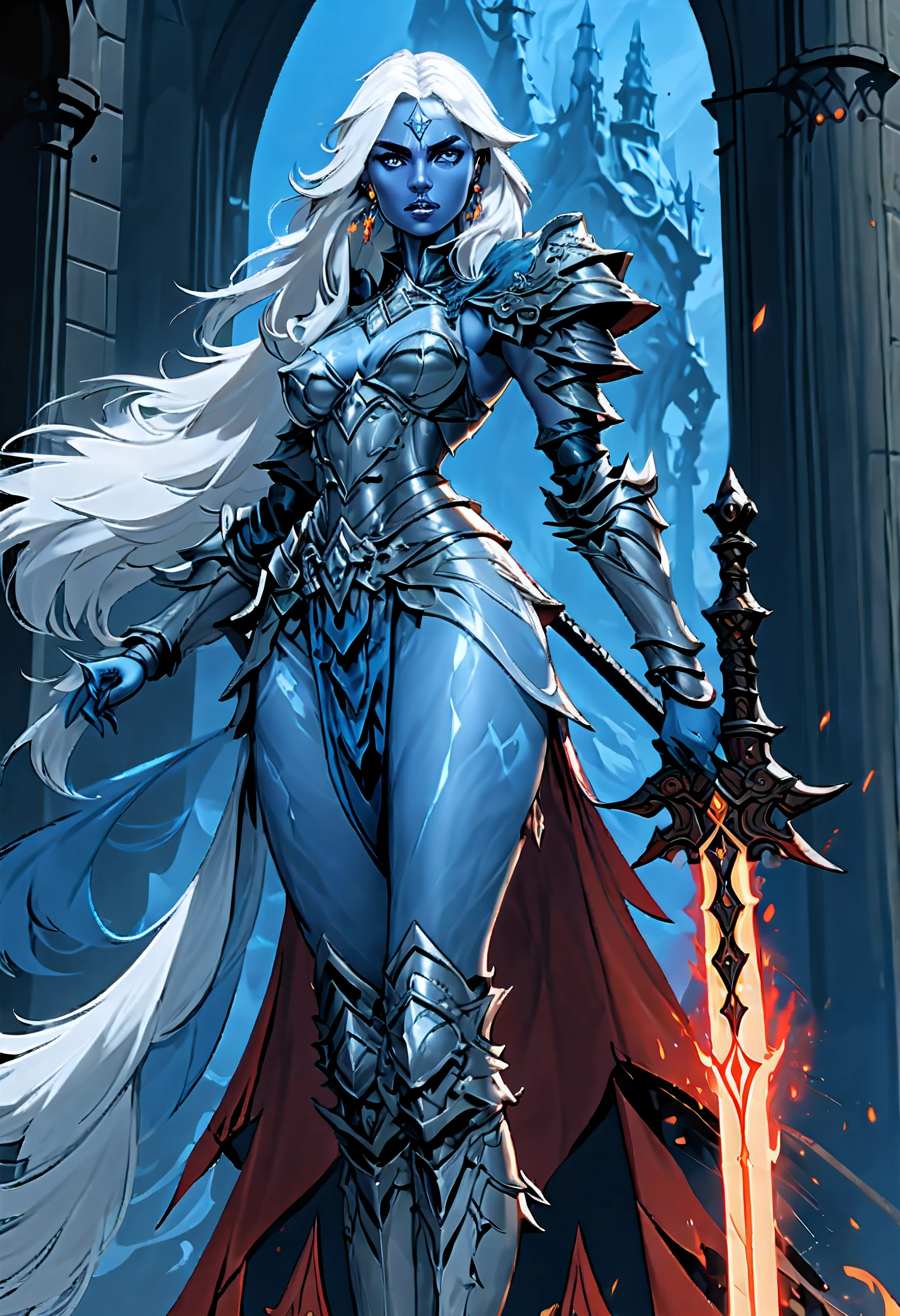 fantasy art, dnd art, RPG art, drkfntasy wide shot, (masterpiece: 1.4) facial portrait, intense details, highly detailed, photorealistic, best quality, highres, glowing particle portrait a vedalken female (fantasy art, Masterpiece, best quality: 1.3) (blue skin: 1.5), intense details facial details, exquisite beauty, (fantasy art, Masterpiece, best quality)cleric, divine warrior, messenger of god(blue colored skin: 1.5) blue skinned female, (white hair: 1.3), long hair, intense green eye, fantasy art, Masterpiece, best quality) armed a fiery rapier,  red fire, wearing heavy (white: 1.3) half plate mail armor CM-Beautiful_armor wearing high heeled laced boots, wearing an(orange :1.3) cloak, wearing glowing holy symbol GLOWING EARRINGS, within fantasy temple background, reflection light, high details, best quality, 16k, [ultra detailed], masterpiece, best quality, (extremely detailed), close up, ultra wide shot, photorealistic, RAW, fantasy art, dnd art, fantasy art, realistic art,