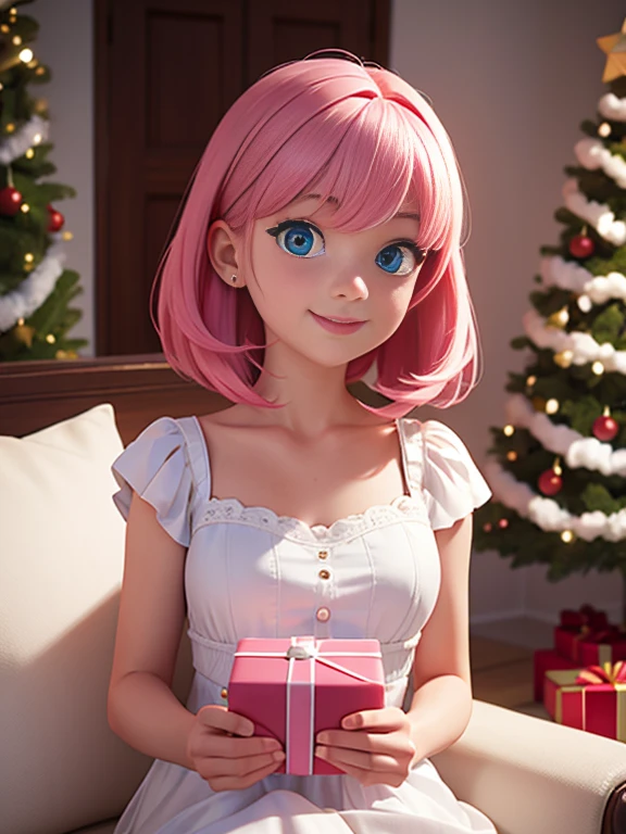 Super realistic 8K UHD image (((Masterpiece))), (((Best quality))), ((ultra definition)), of a beautiful and smiling 3d Pixar girl, blue eyes. pink hair. little white dress, opening Christmas presents next to the tree in the living room, 1 excited girl, bright pretty face
