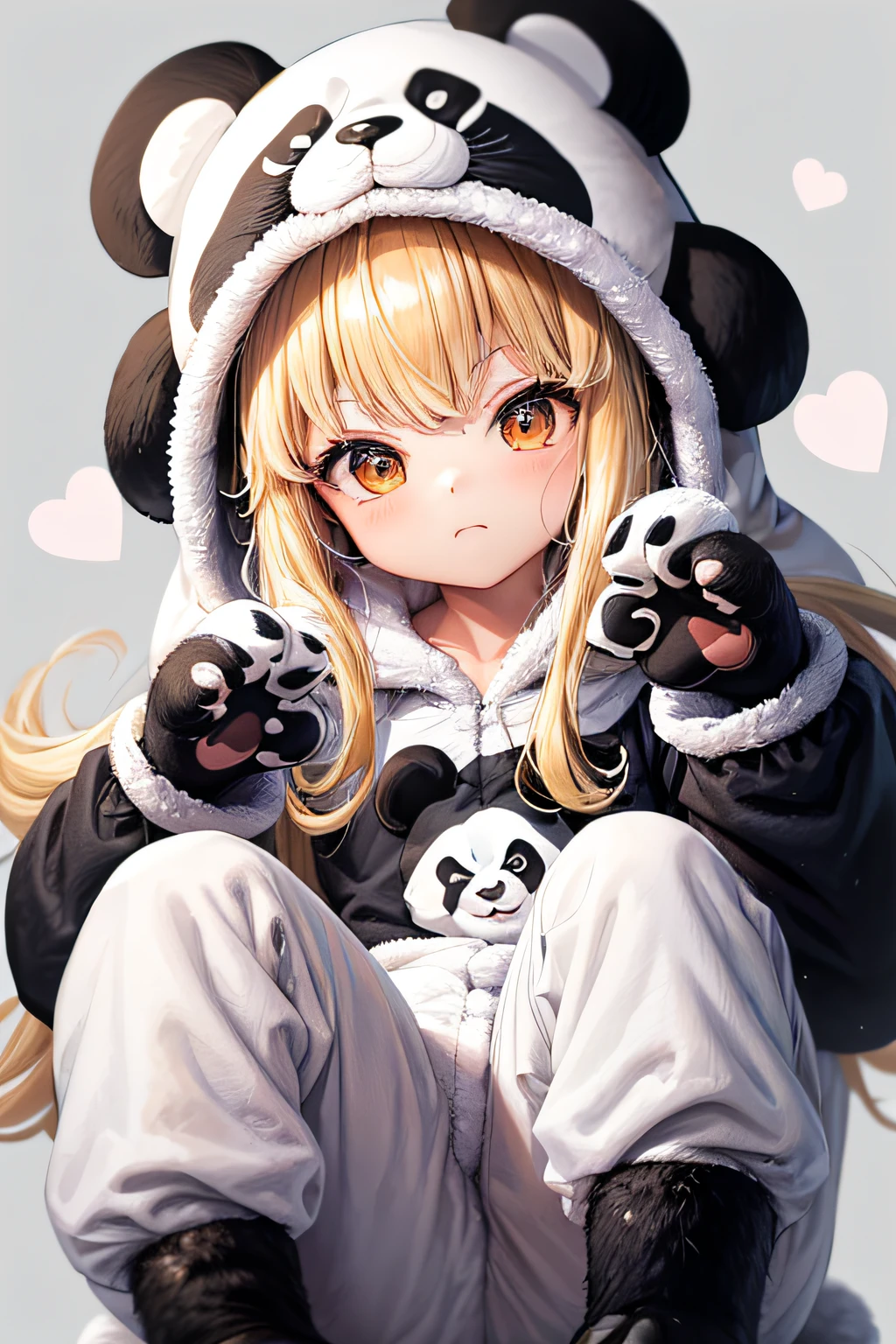 Anime girl in panda suit sitting on the ground with her hands up SeaArt AI