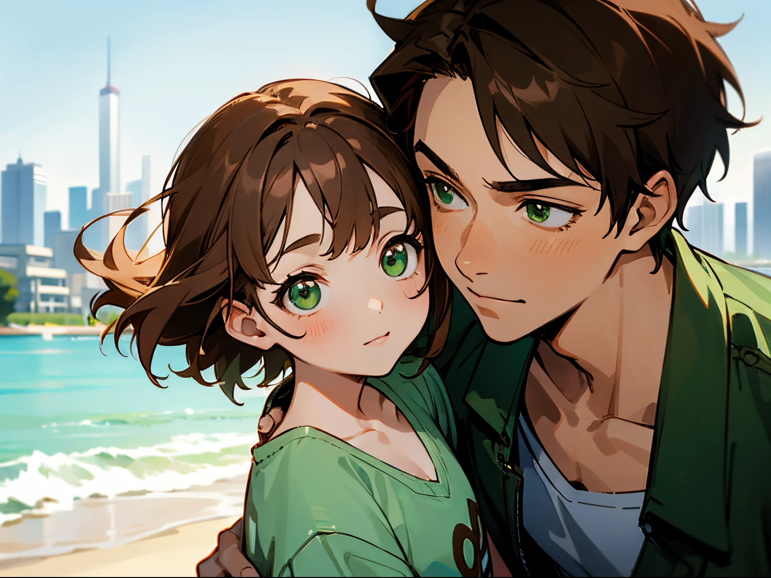 a young male adult with his daughter, brown hair, green eyes, modern clothes, city beach background, typical summer clothes, heartwarming scene, anime style, face close-up