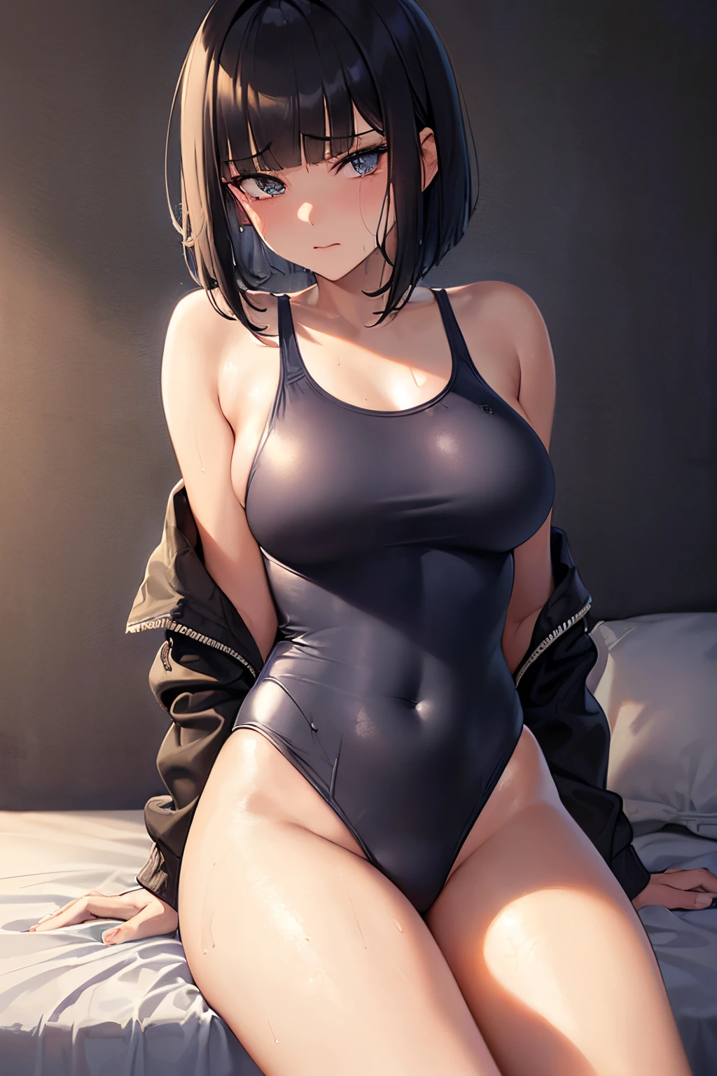 ((bob cut hair)) ((blunt bangs hair)), bed, bed room, (Sit on the bed), (((((night))))), (((((darkened room))))), agers girl, one girl, thighs, (swet), (wet skin), (wet clothes), ((erotic)), ((sensual)), (Wall in background), (simple background), (Close-up of a girl), beautiful detailed body, beautiful detailed glow, cinematic lighting, 4K illustration, masterpiece, best quality, by top artist, by famous artist, by plo artist, ((Scared face)), ((Disgusted face)), ((verge of tears)), (((Highschool Swimsuit))), (((one-piece competitive swimwear))), ((tight-fitting swimwear)), ((Authentic shiny skin texture)), ((Soaked skin)), ((radiant skin)), (((Wrinkles in uniform))), (((Tightening of uniform))),