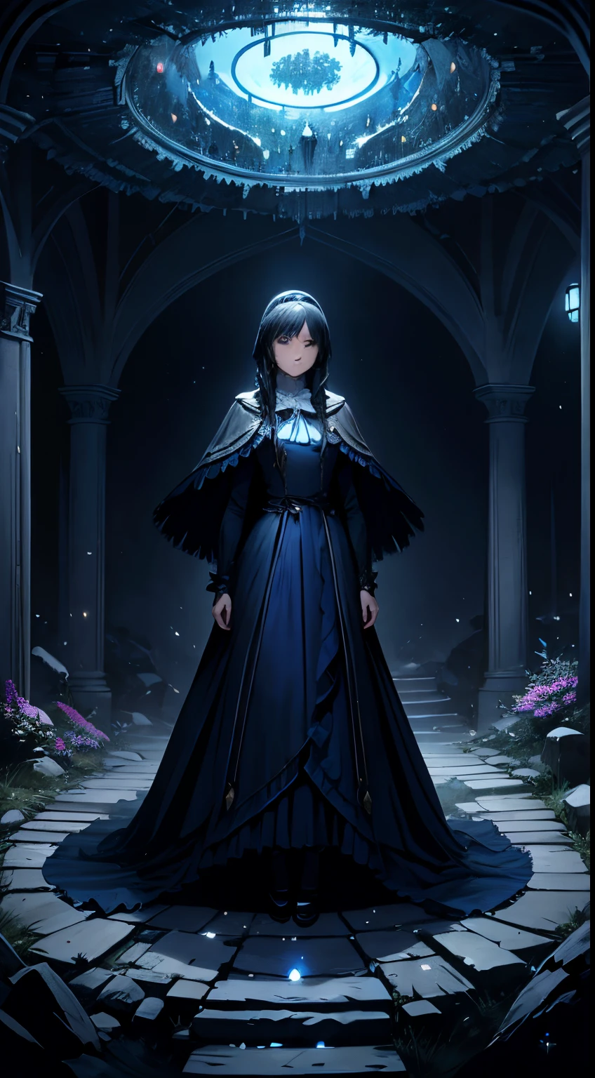 masterpiece, best quality, marianne_timeskip, blue dress, capelet, dark alpine forest, standing, night, looking up, upper body, detailed face
