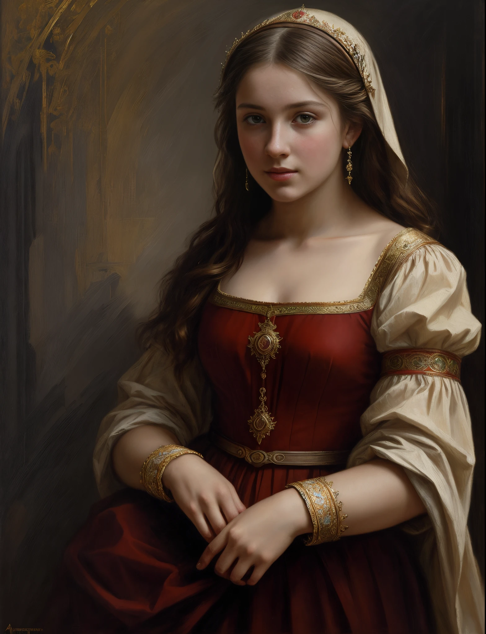 portrait, girl, middle ages, classicism, andrey atroshenko style, painting, traditional media, realistic, figurative, fine art, oil on canvas, HDR, 8K, original character, high resolution, high detail, focus on the face