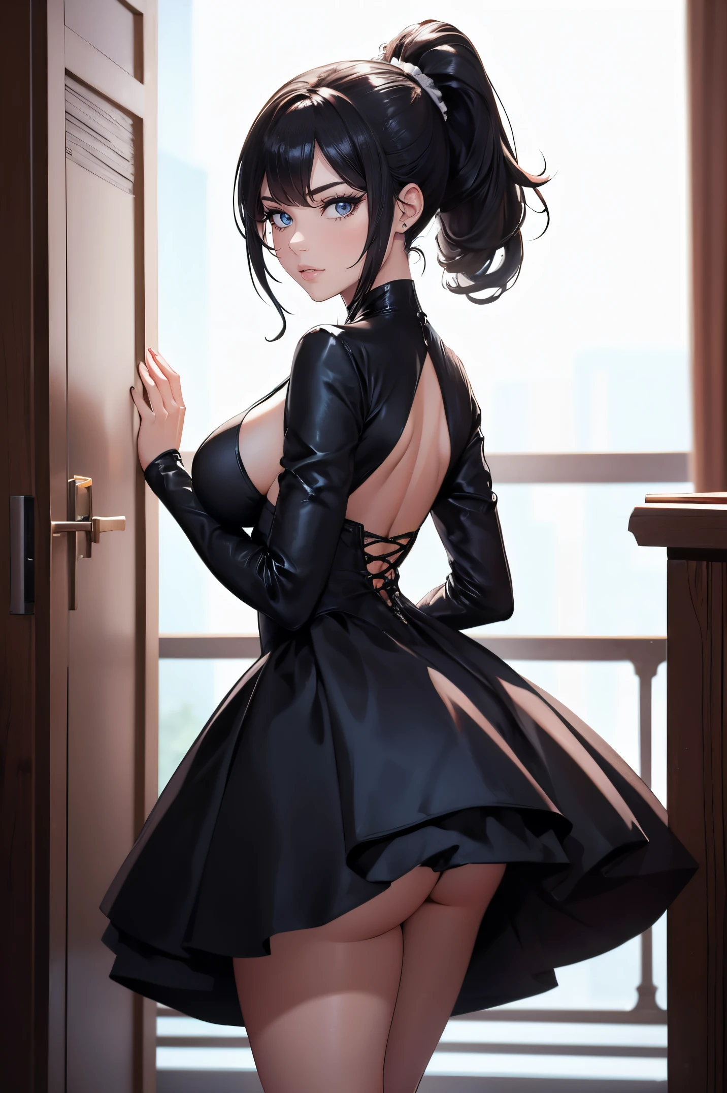 The perfect woman in every detail,aphrodisiac,fascinating, dress, ponytail hair, perfect eyes, provocative,standing and greeting