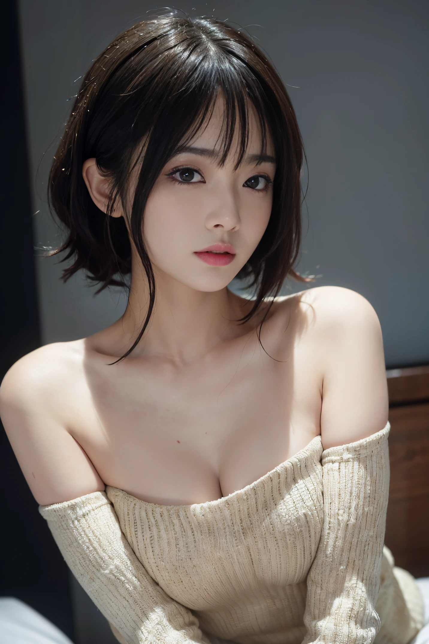 (masuter piece:1.3)、(8K、Photorealsitic、Raw photography、top-quality: 1.4)、(1girl in)、beautiful countenance、(Lifelike face)、(A dark-haired、Layer Bob:1.3)、beautiful bangs hairstyle、realistic eyes beautiful details、(real looking skin)、Beautiful skins、(Sweaters)、absurderes、enticing、超A high resolution、A hyper-realistic、high-detail、the golden ratio