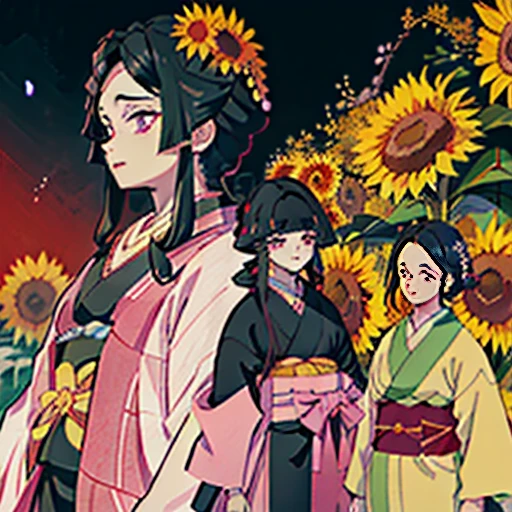 tenho 14 anos ela tinha o ((cabelo cacheado))and black, her hair is dyed, some strands of pink, reminiscent of sakura)) (sunflower breath Kimono Cloak Demon Slayer))(hashira)((com uma Katana Nichirin)) (Kimono Robe Demon Slayer))
