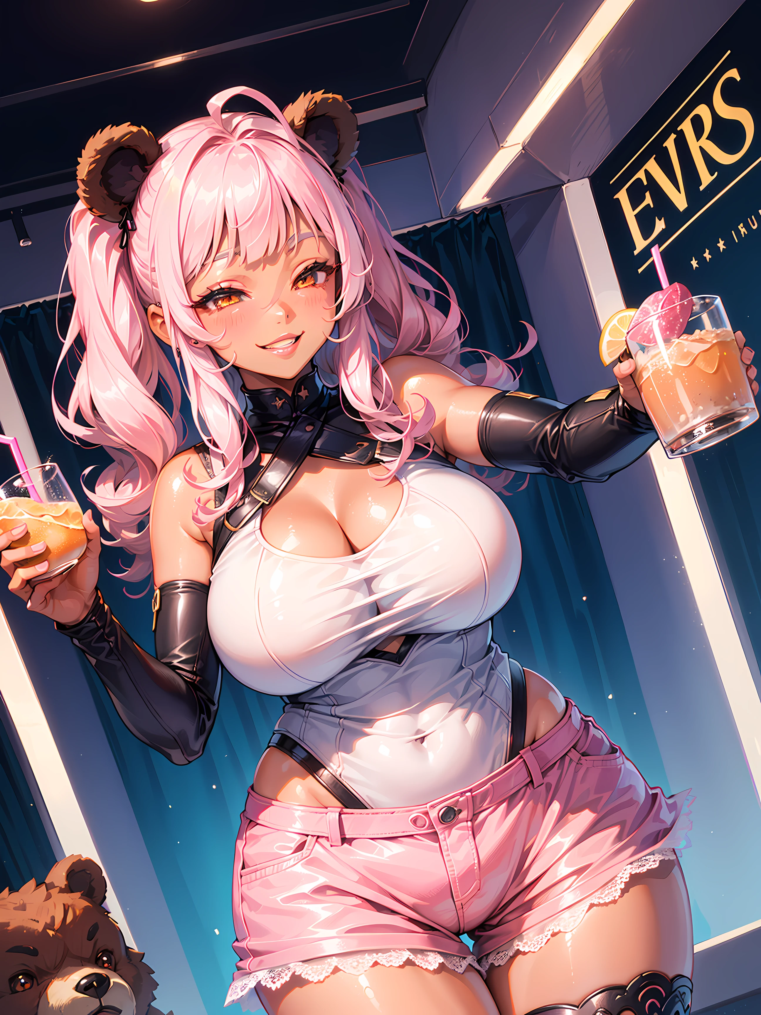 (((((1girl))))), (pink hair), (extremely long hair), (curly hair), (ahoge), (blunt bangs), (low twin tails), ((((((dark skin)))))), ((brown eyes)), ((half-closed eyes)), (cleavage), (thick thighs), ((thick lips)), ((wide hips)), (thighhighs), (short shorts), ((pink outfit)), ((lace)), ((long eyelashes)), super detailed, ((best quality)), highres, UHD, textured skin, ((pink)), ((indoor)), ((cute)), (((evil smile))), ((evil)), ((tease)), full of lights, Real Human, ((bear ears)), huge tit, ((sexy pose)), ((club)), ((low angle)), ((perfect hands)), ((looking down)), ((drink)), ((alcohol)),