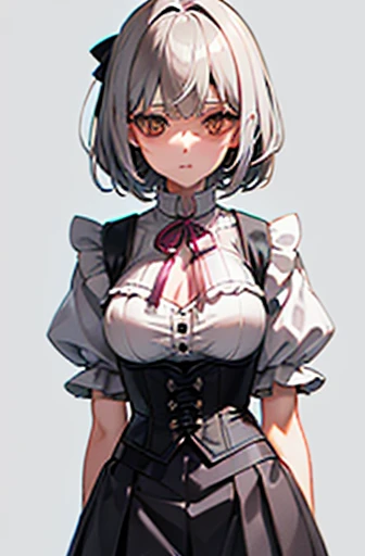 Girls, gray-haired, short-haired, yellow-eyed, small breasts, cat hair ornament, sidelocks, gray-haired, shiny hair, uniform, (golden eyes: 1.2), (two long triangular extensions on the skirt, vest corset on the stomach), white buttons of the vest corset, (stripped shirt with short sleeves under the vest corset), (sleeves ends closer to the arms), (thick ribbon of black color on the neck), ( short magenta skirt), hentai
