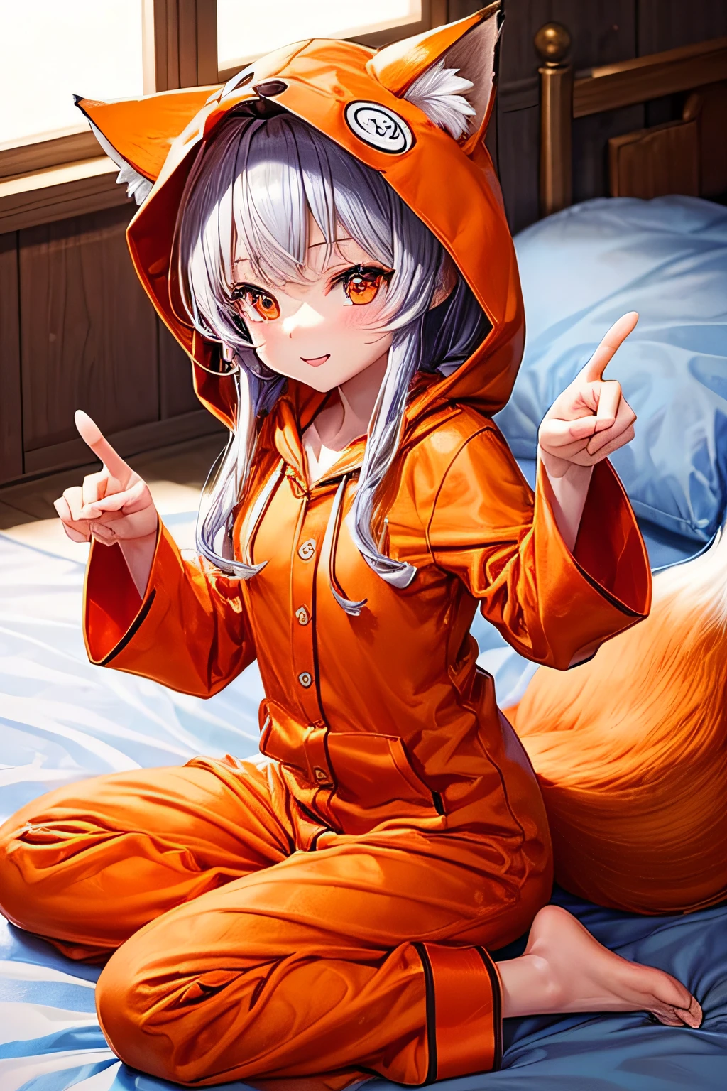 ((worst quality, low-quality)), ((a closeup)), (ars old girl), silber hair, (ふわふわ🦊着ぐるみパジャマ:1.4), (Open pajamas:1.2), (Orange pajamas:1.4), Animal Hoodie, (Hood Up:1.3), fox hoodie, Fox ears, oversized hoodie, (wear fox paw gloves:1.3), an legs, Five Fingers, ((Gao's Pose:1.5)),slumber party, Bedrooms, Best Quality,ultra-detailliert, ​masterpiece,