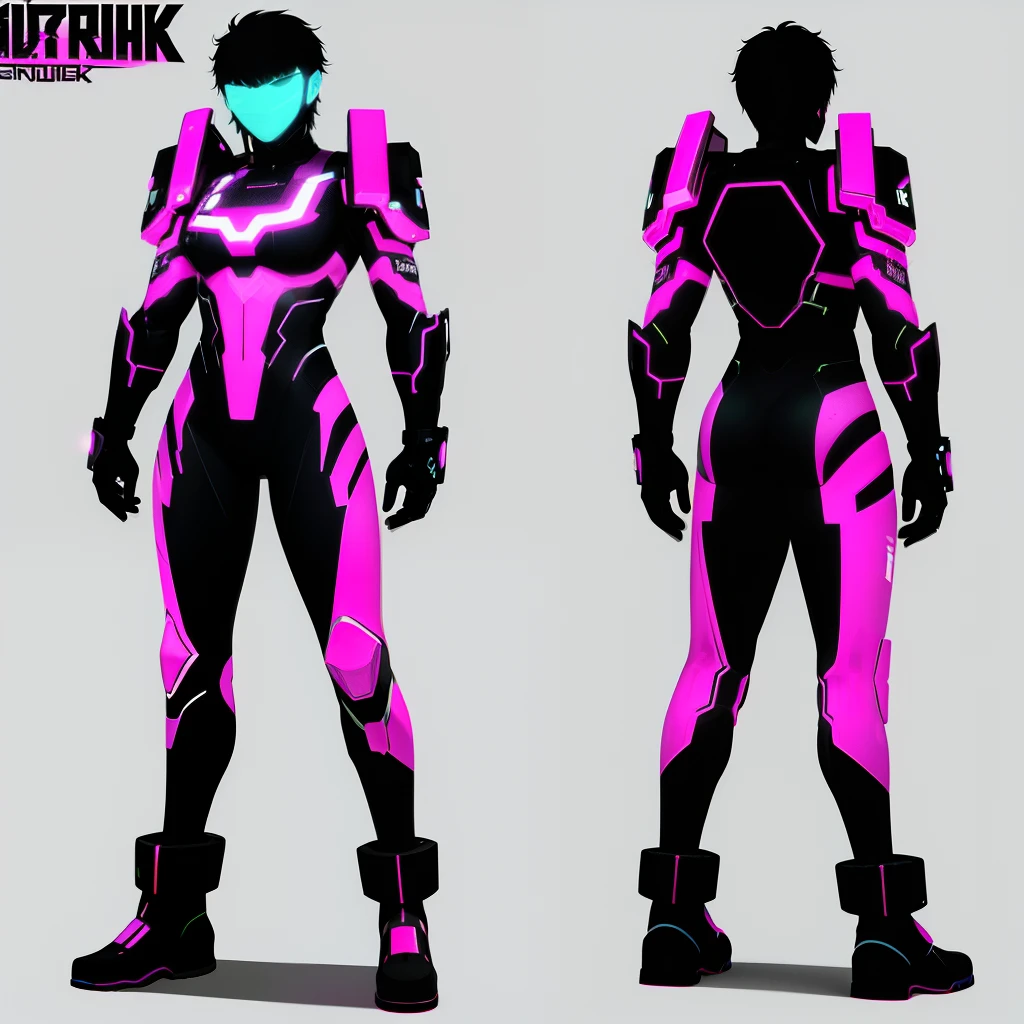 Young man in front, Side and rear views、Cyberpunk、A character model sheet depicting the same character from three angles、whole body,  Anime boy in futuristic clothing, Cyberpunkアニメ少年, Boy in Mecha Cyber Armor.