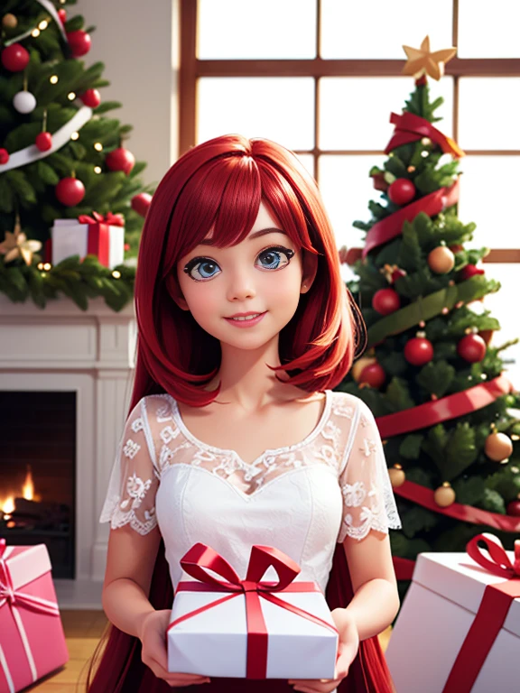 Super realistic 8K UHD image (((Masterpiece))), (((Best quality))), ((ultra definition)), of a beautiful and smiling 3d Pixar girl, blue eyes. pink hair. little white dress, opening Christmas presents next to the tree in the living room, 1 excited girl, bright pretty face