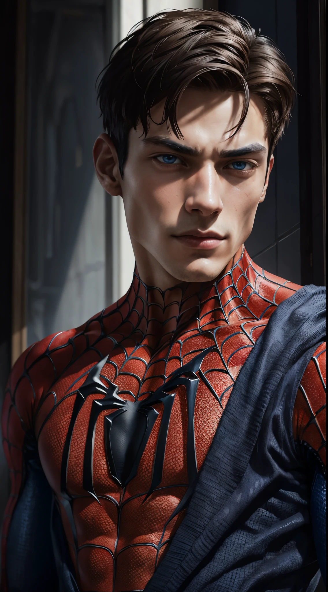 portrait of a 18 year old of a masculine male model, strong jaw line, young handsome man with a blue eyes, messy short dark hair, muscular, fit body, dark but detailed digital art, wearing a spider man costume, detailed digital painting, detailed fanart, handsome guy in demon slayer art, high detailed. digital painting, detailed portrait, inspired by Alexis Grimou, hyper detail portrait,