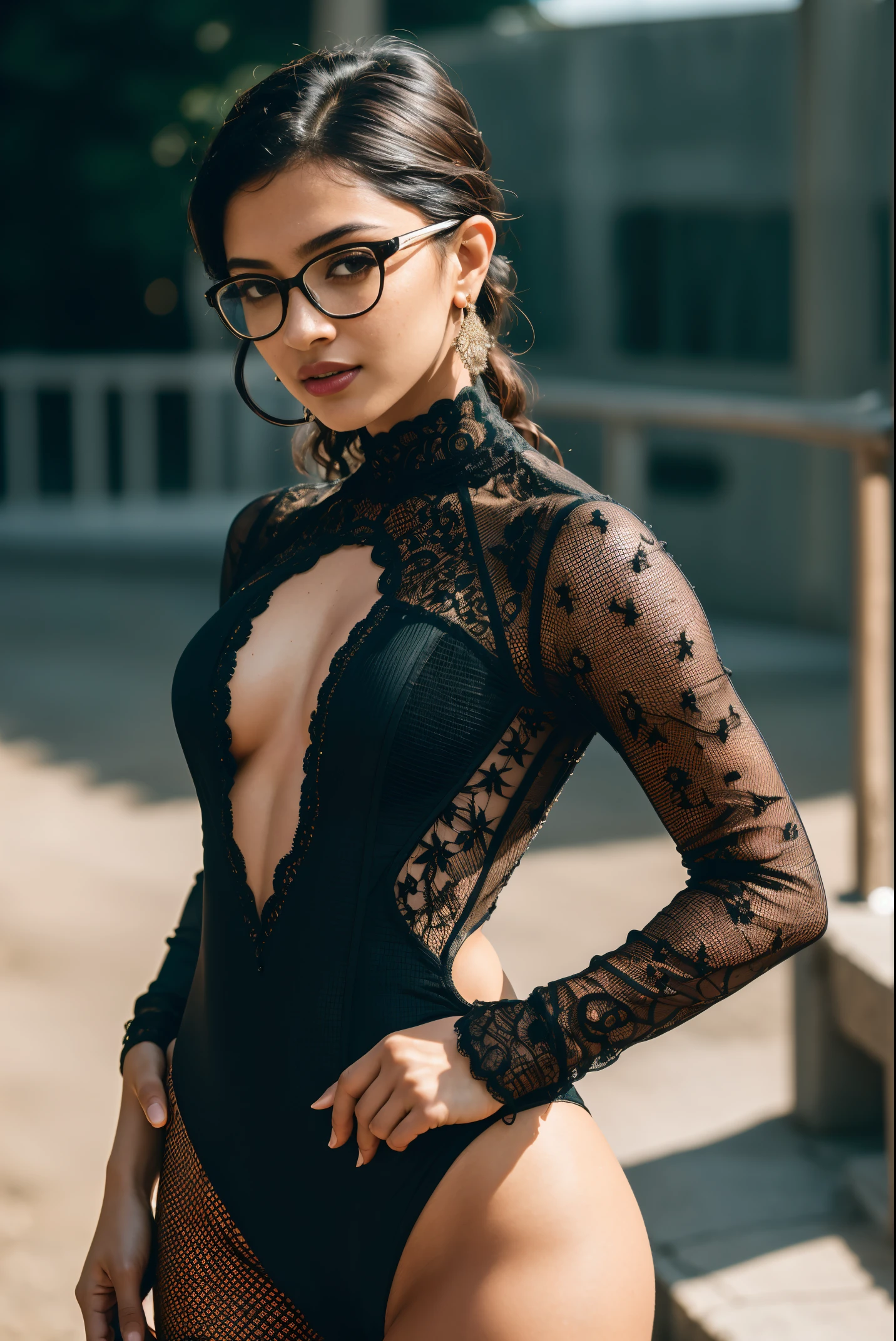 ((Masterpiece)), ((highest resolution)), a beautiful Pakistani woman, ((detailed skin texture)), freckles, ((high detail face)), glasses, no makeup, black curly hair, seductive smile, (partially transparent colourful lacy high detail plunging bodycon bodysuit), (realistic photo), (best quality), (very high detail), shot on a Canon EOS R5, 50mm lens, F/2.8, HDR, (8k), (wallpaper), (cinematic lighting), (dramatic lighting), (sharp focus), (intricate details), RAW photo, posing for camera, 8k uhd, high quality, film grain, by Craig Morey