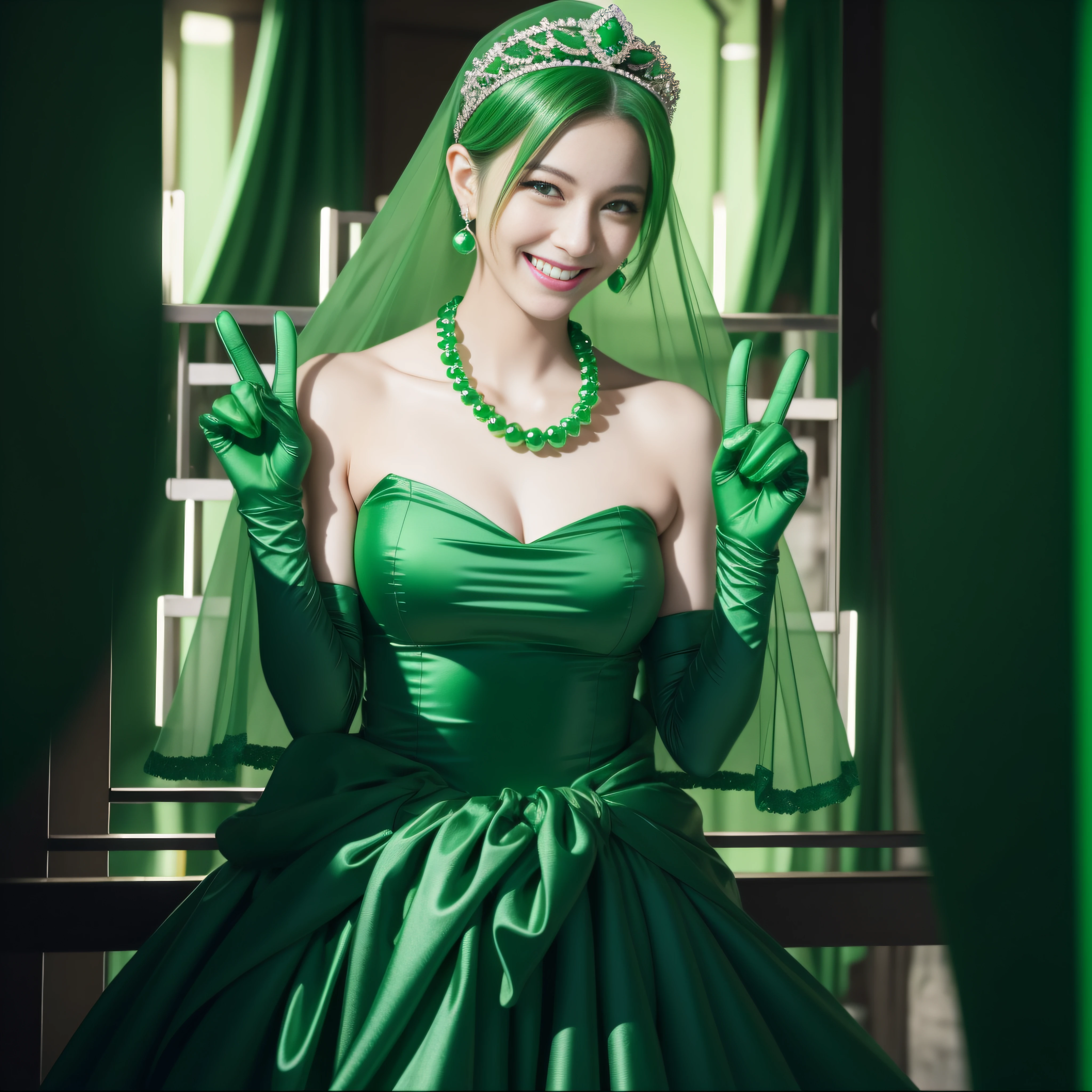 emerald tiara, Green Pearl Necklace, Boyish very short green hair, lipsticks, Japan woman smiling, very short short hair, big breasts beautiful, Green eyes, Long green gloves made of satin material, Green eyes, v sign,V-sign with both hands, Emerald Earrings, Green hair
