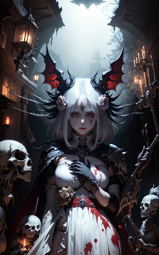 One was wearing a white dresrench-German image of woman with bloodied face, 2. 5d CGI anime fantasy artwork, Diablo 4 Lilith, horror fantasy art, Detailed 4K horror artwork, fantasy horror art, dark fantasy horror art, anime monster girl, 4k horror color art, scary queen of death, anime epic artwork, cgsociety contest winner