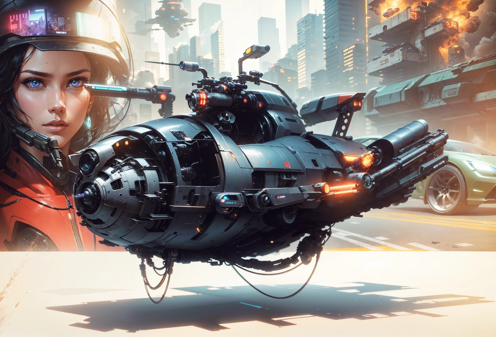 A Cyberpunk Hover Bike carrying missiles in the foreground, close-up of beautiful cyberpunk driver with cyberpunk accessories and a cyberpunk city full of buildings and cyberpunk life in the background