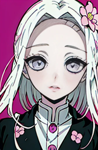 Kimetsu no estilo yaiba, 1girl, solo, uma cara tranquila olhos pretos, ((cabelos curtos e preto))e quimono Preto Rosa e com flores de Sakura