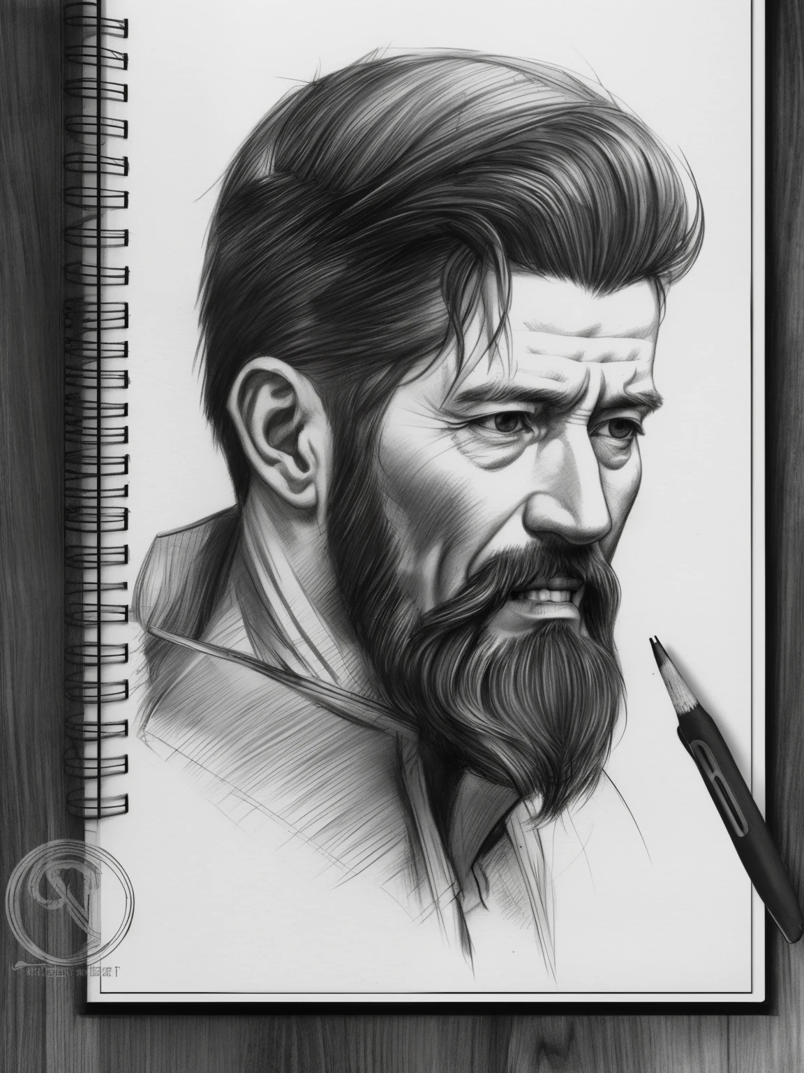 painting of a man, realistic sketch, hyperrealistic sketch, detailed pencil sketch, Pencil sketch, realistic digital drawing, detailed sketch drawing, highly detailed portrait, detailed 4 k drawing, pencil drawing, highly detailed sketch, Realistic drawing, extremely detailed portrait, detailed but rough, pencil drawing illustration, realism drawing, detailed sketch, sketch art,((High quality, Masterpiece:1.4)), 1 old man, ((Upper body)), Portrait sketch, Messy drawings, Messy charcoal spots, Unfinished sketch, 100 years old man，Sketchbook charcoal style painting for men, Sketchbook drawing, sketchbook, Beautiful hair, Skin folds，wrinkles，wrinkles，wrinkles，White thinning hair，Old immortal monsters，Spooky smile，terroral。round frame glasseaterial background)), Realistic charcoal line, Imperfect drawing, Charcoal shavings, Charcoal production line, imperfections, Celtic men, , Realistic
