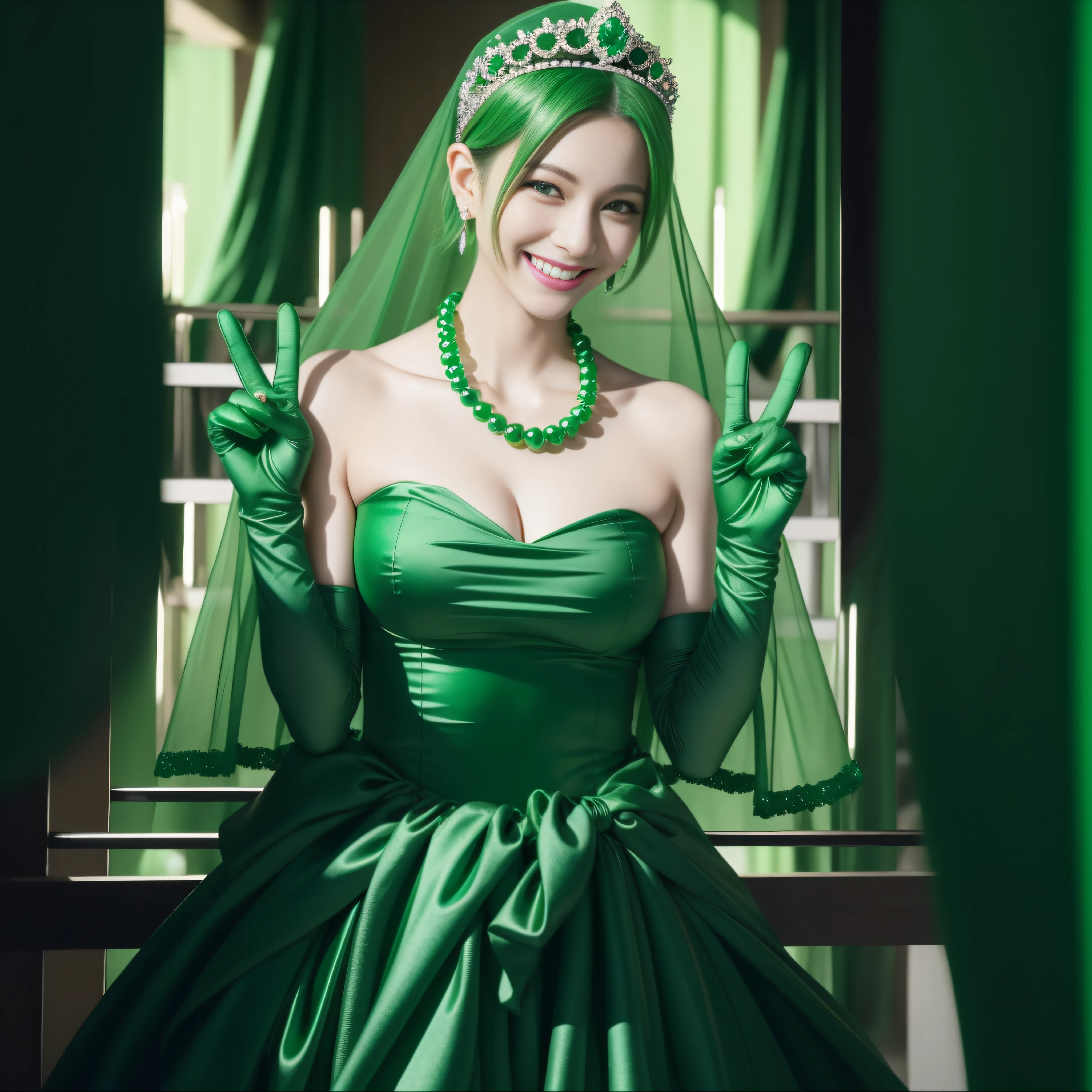 emerald tiara, Green Pearl Necklace, Boyish very short green hair, lipsticks, Japan woman smiling, very short short hair, big breasts beautiful, Green eyes, Long green gloves made of satin material, Green eyes, v sign,V-sign with both hands, Emerald Earrings, Green hair
