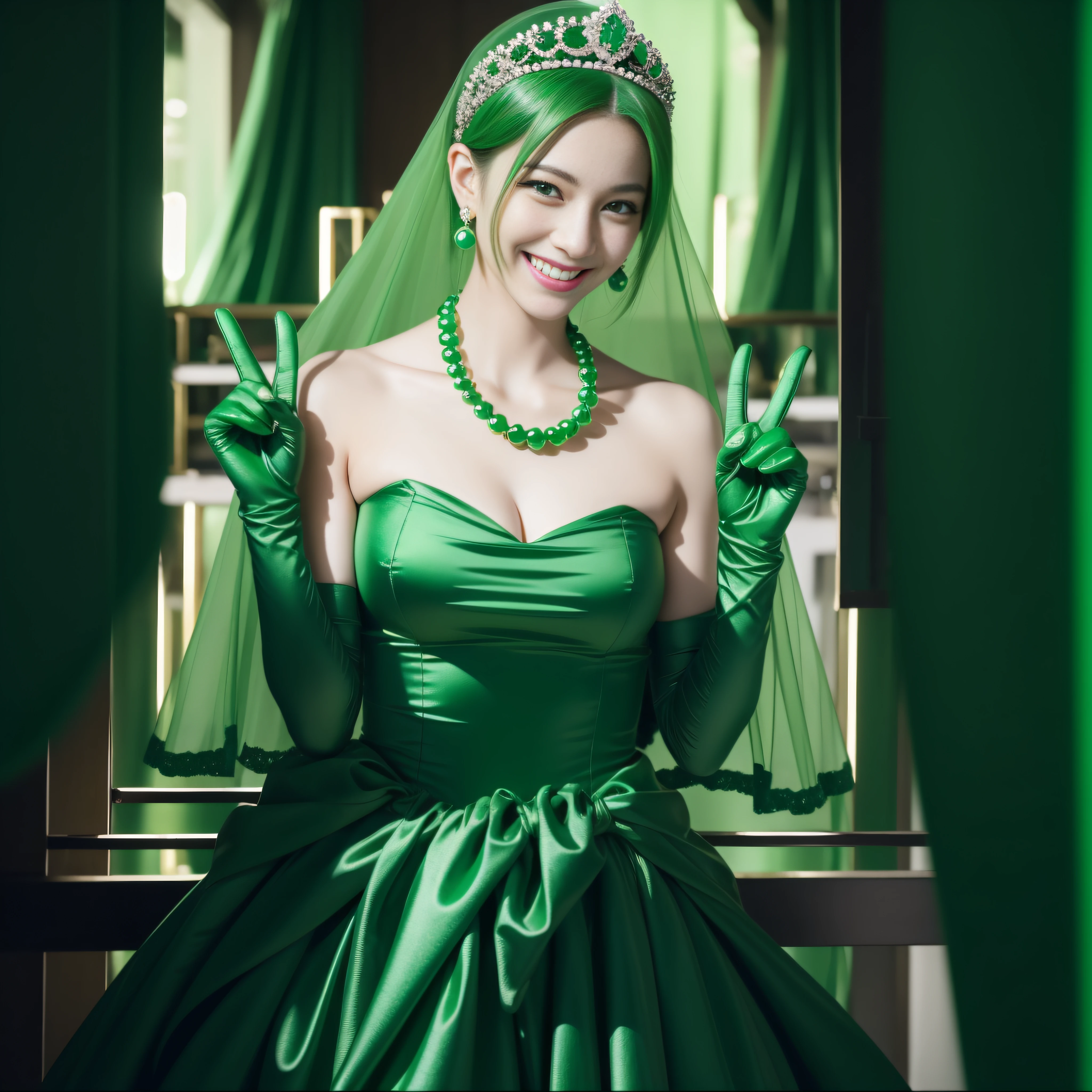 emerald tiara, Green Pearl Necklace, Boyish very short green hair, lipsticks, Japan woman smiling, very short short hair, big breasts beautiful, Green eyes, Long green gloves made of satin material, Green eyes, v sign,V-sign with both hands, Emerald Earrings, Green hair
